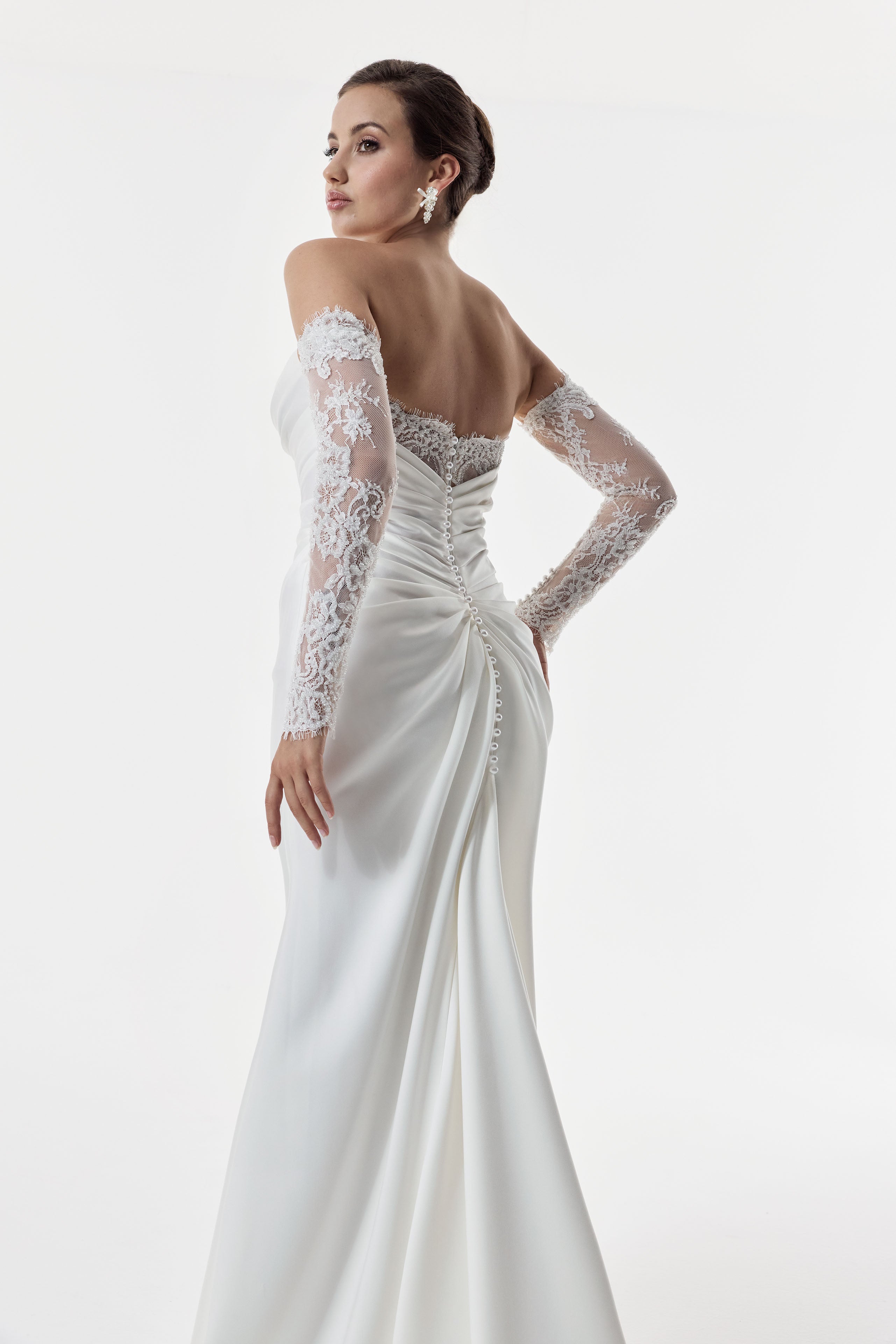 strapless scoop encrusted lace bodice draped fitted sheath dress with matching sleeves and pearl buttons and ruched back