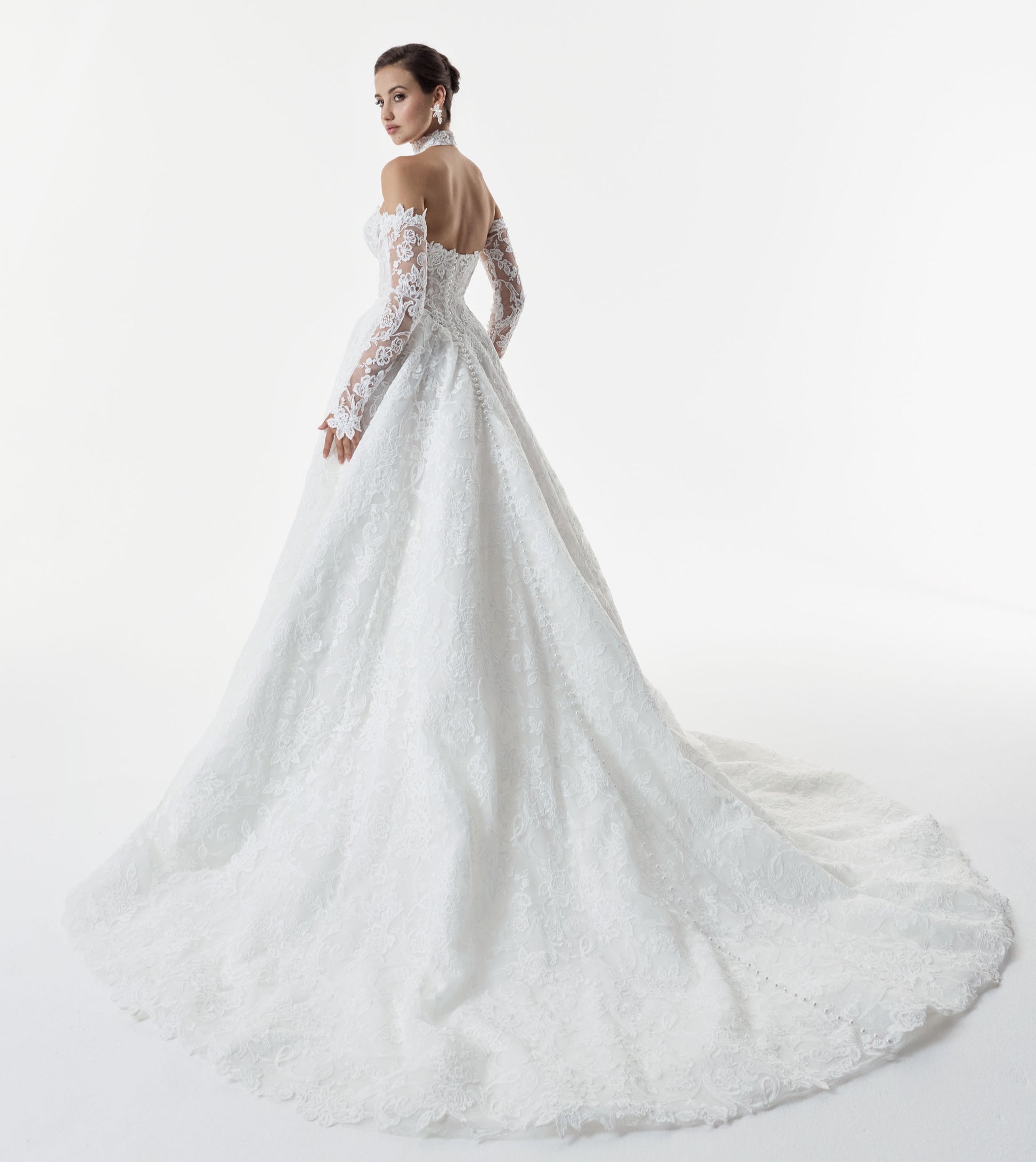 strapless sweetheart neckline corset A-line dress with embroidered lace layered over delicate Chantilly lace with matching lace choker and sleeves