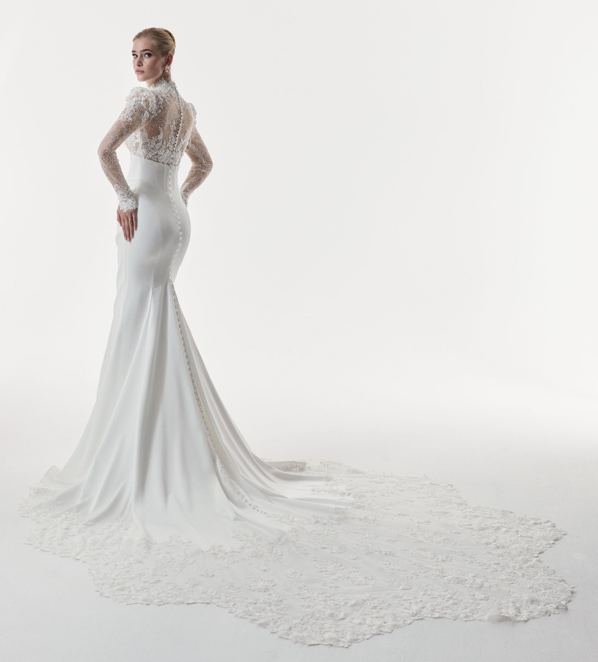 high neckline encrusted lace sleeves and bust, corset draped Japanese crepe skirt with illusion lace train dress