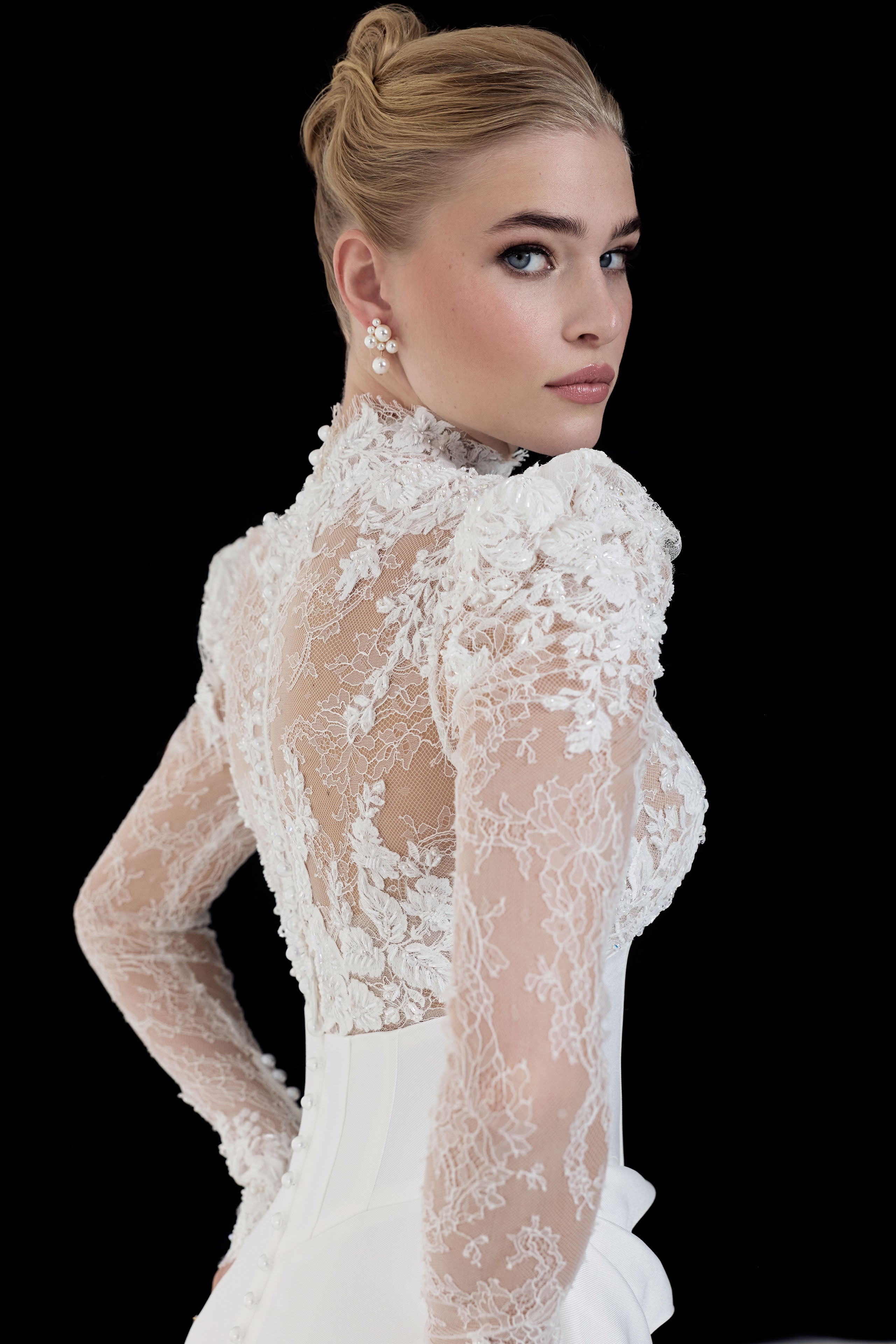 high neckline encrusted lace sleeves and bust, corset draped Japanese crepe skirt with illusion lace train dress