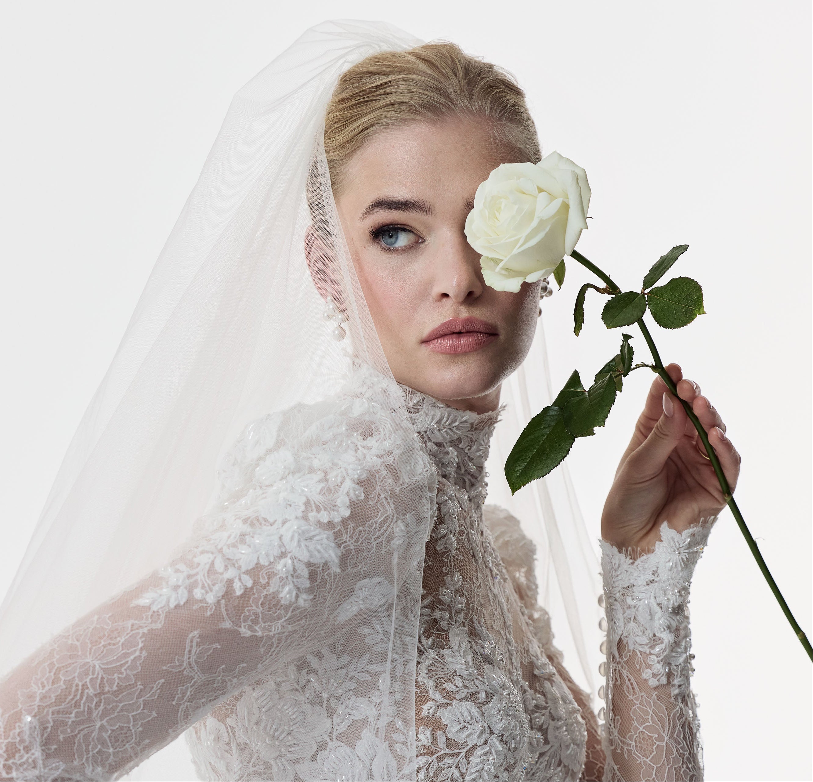 high neckline encrusted lace sleeves and bust, corset draped Japanese crepe skirt with illusion lace train dress