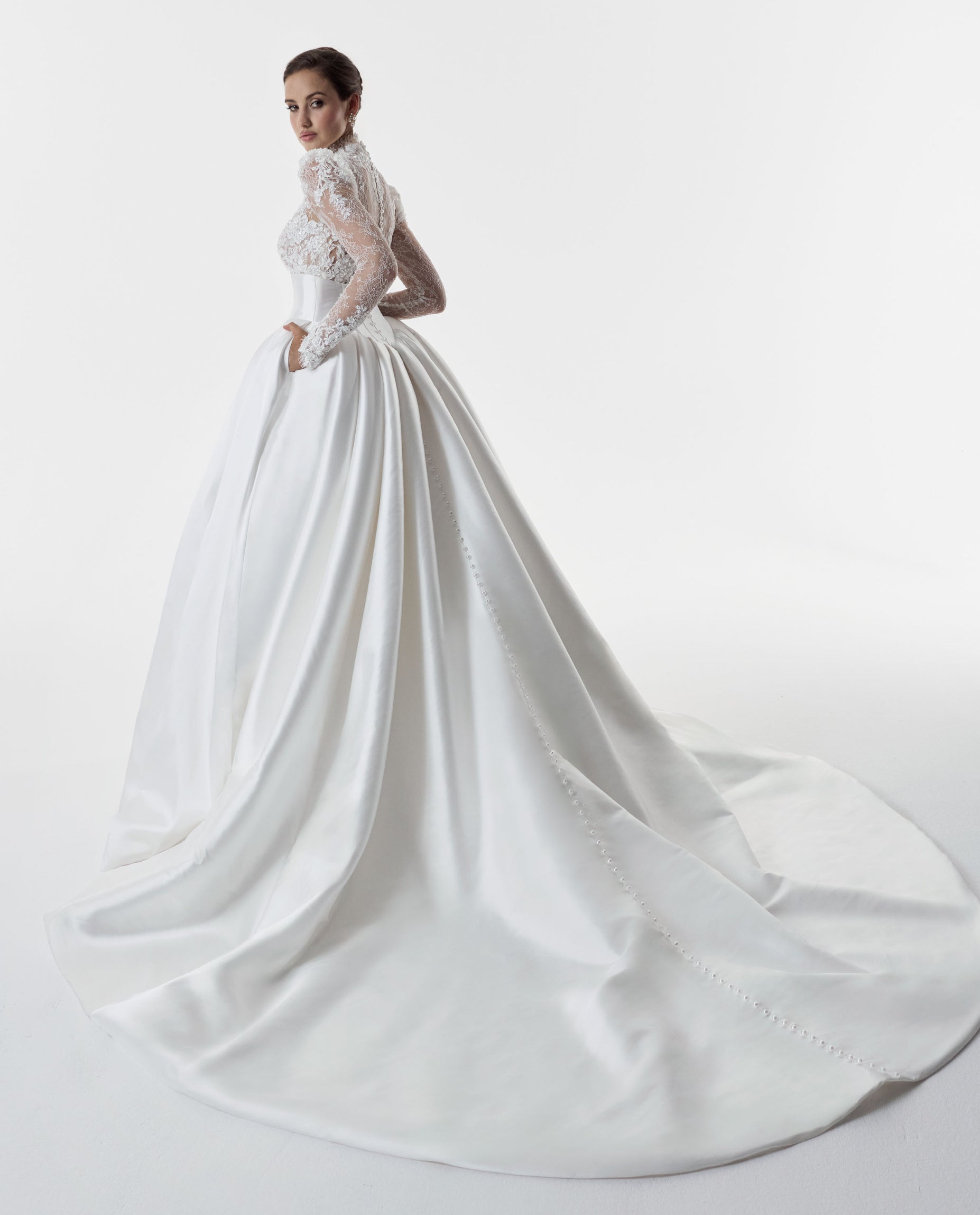 high neck encrusted lace long sleeve bodice with corset and basque waist with full silk mikado A-line ballgown skirt