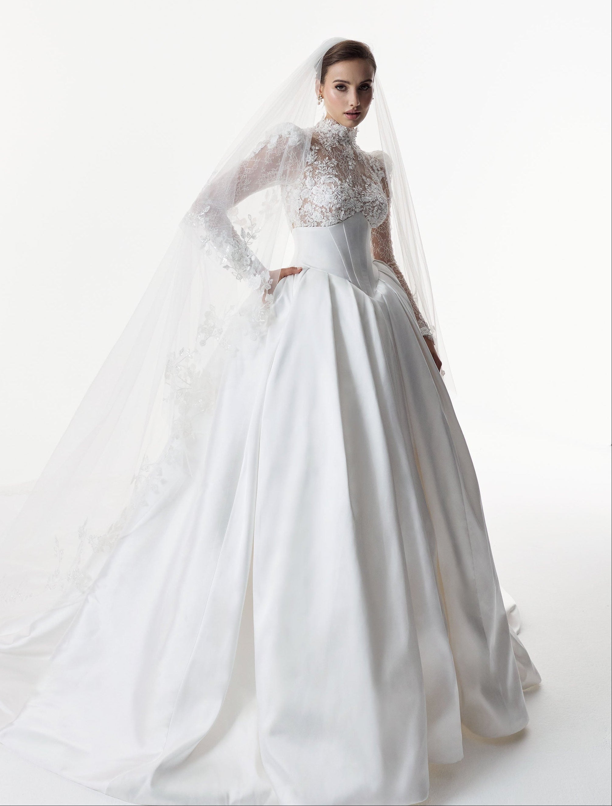 high neck encrusted lace bodice with corset and basque waist with full silk mikado A-line ballgown skirt dress with wedding veil