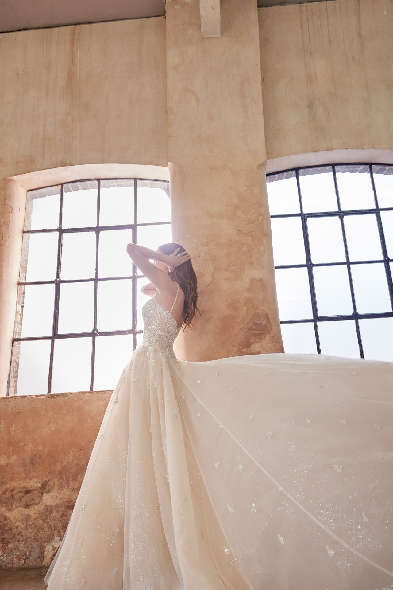 Embellished princess gown, metallic beaded lace bodice and beaded straps. Full skirt with crystal buttons on back.