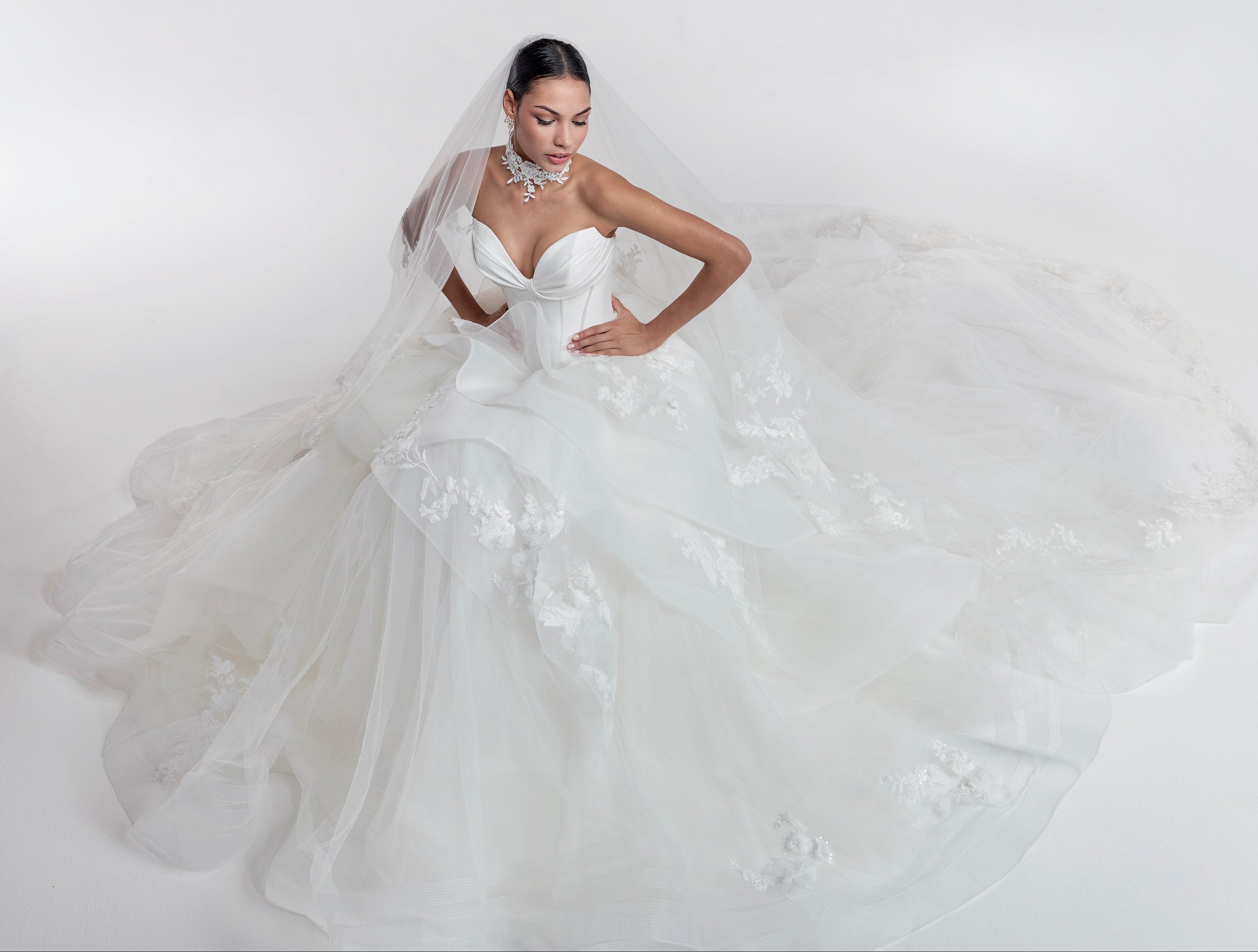 princess gown with structured boned sweetheart bodice and layered tulle skirt with lace applique and horsehair trim