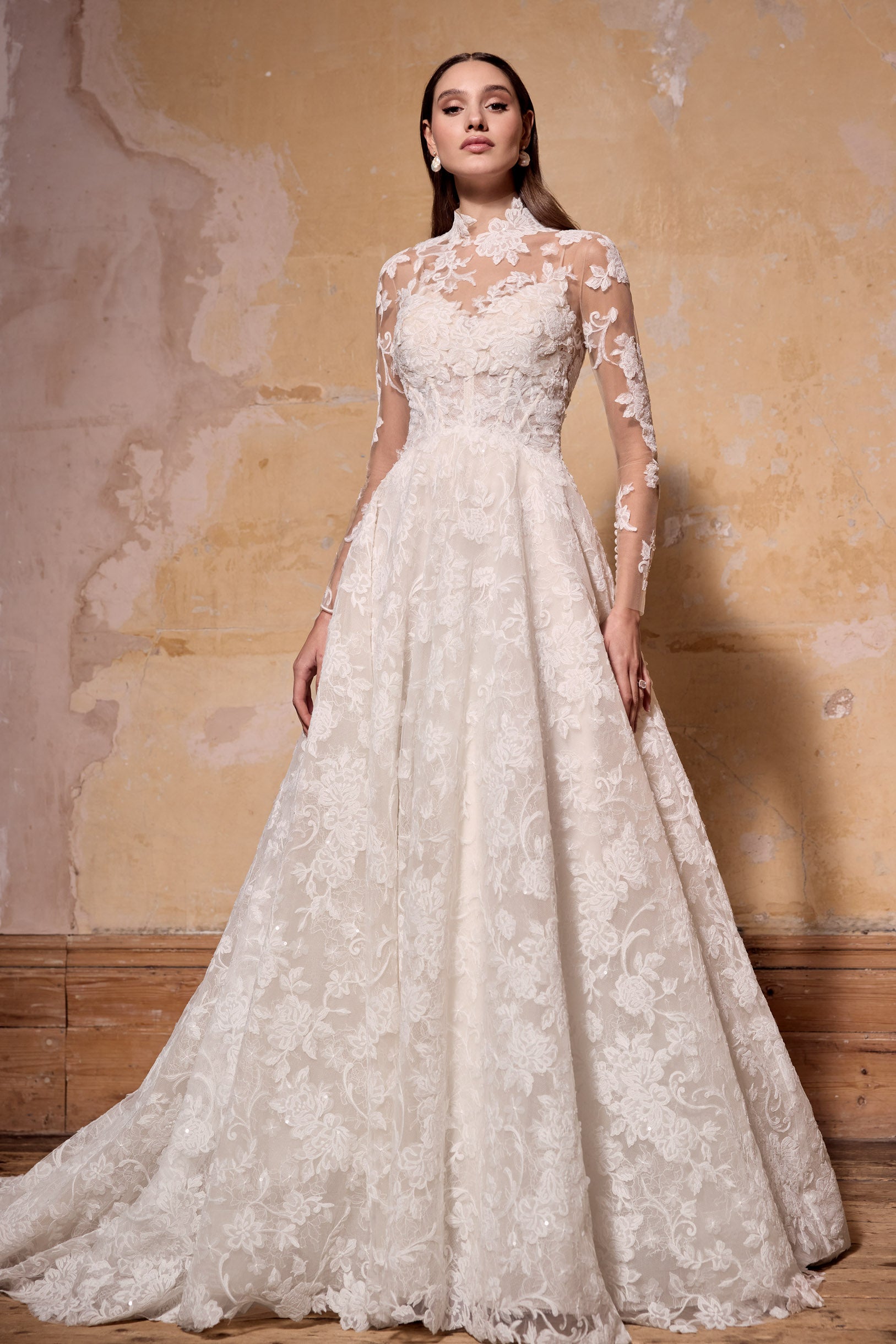 high neck long sleeve lace corset A-line dress with pearl buttons
