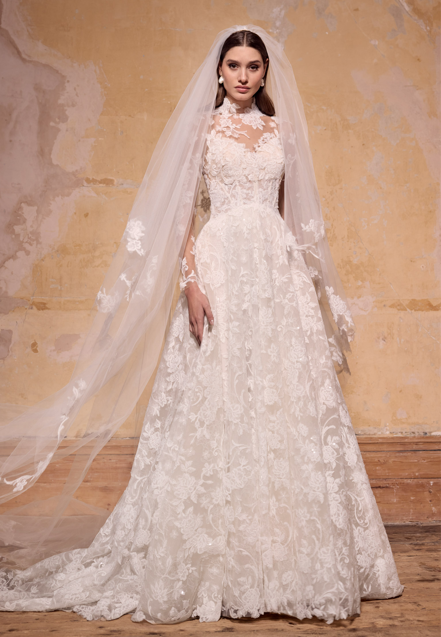 high neck lace topper lace corset A-line dress with pearl buttons