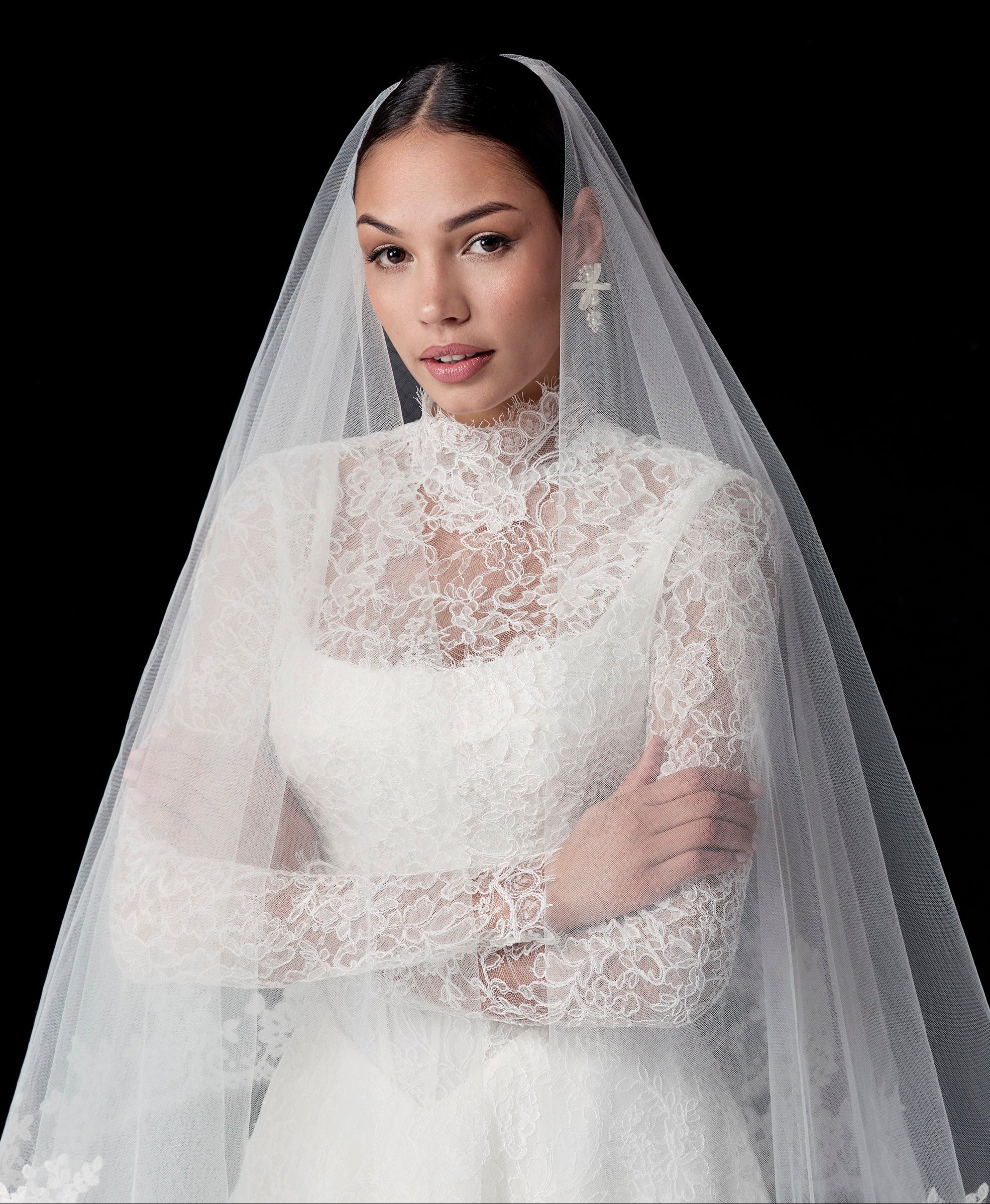 lace square neckline with basque waist and corset and A-line skirt with high neck lace veil topper and lace veil