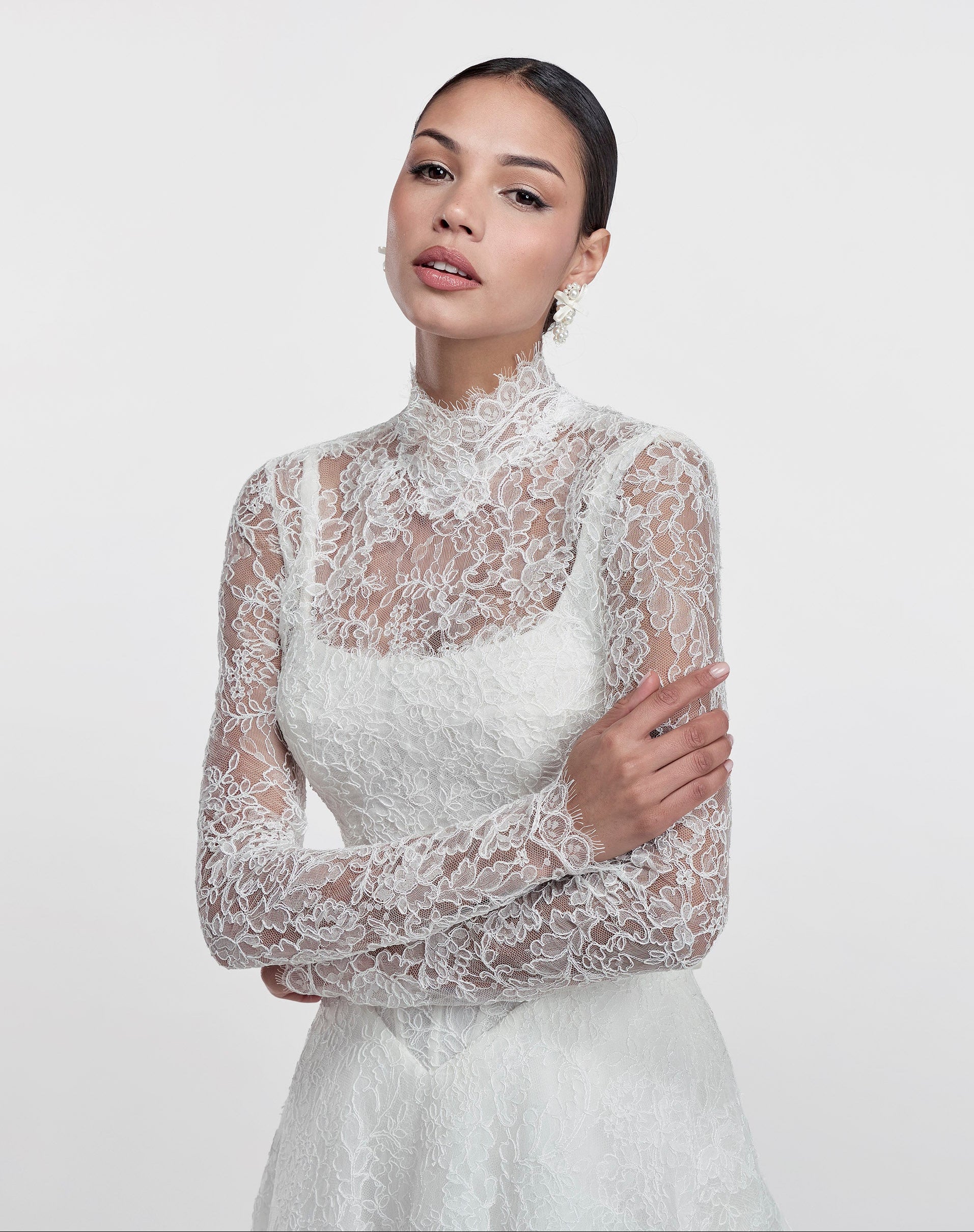 lace square neckline with basque waist and corset and A-line skirt with high neck lace topper jacket