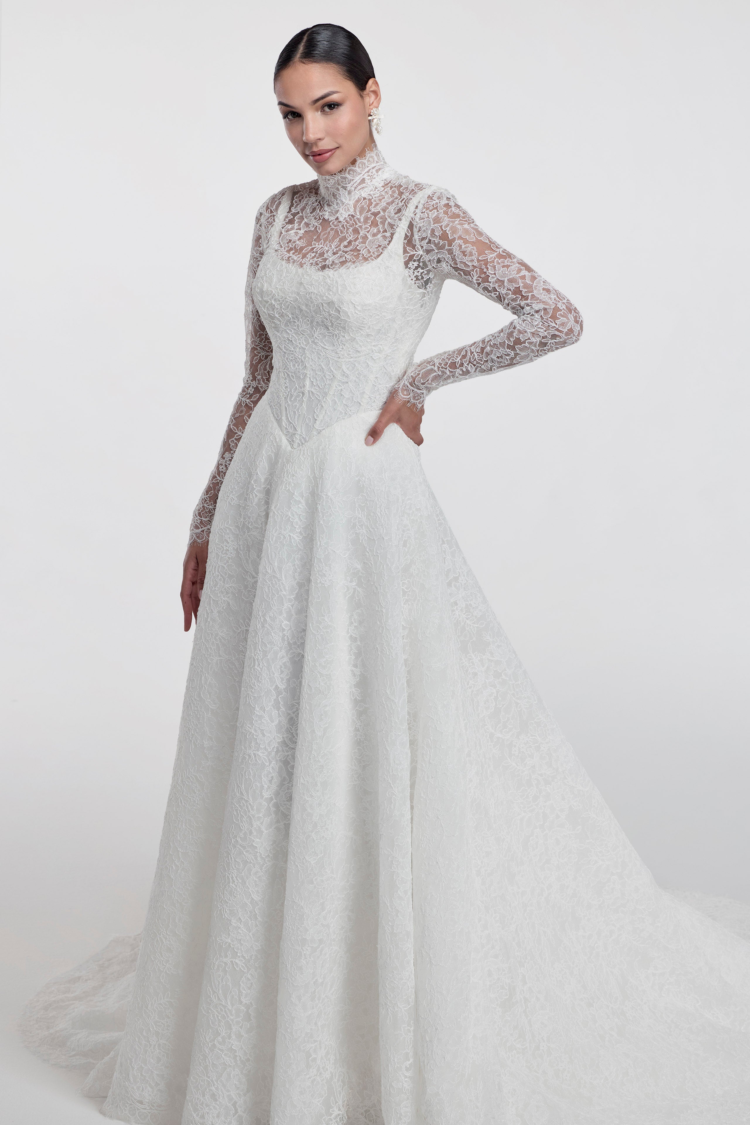lace square neckline with basque waist and corset and A-line skirt with high neck lace topper