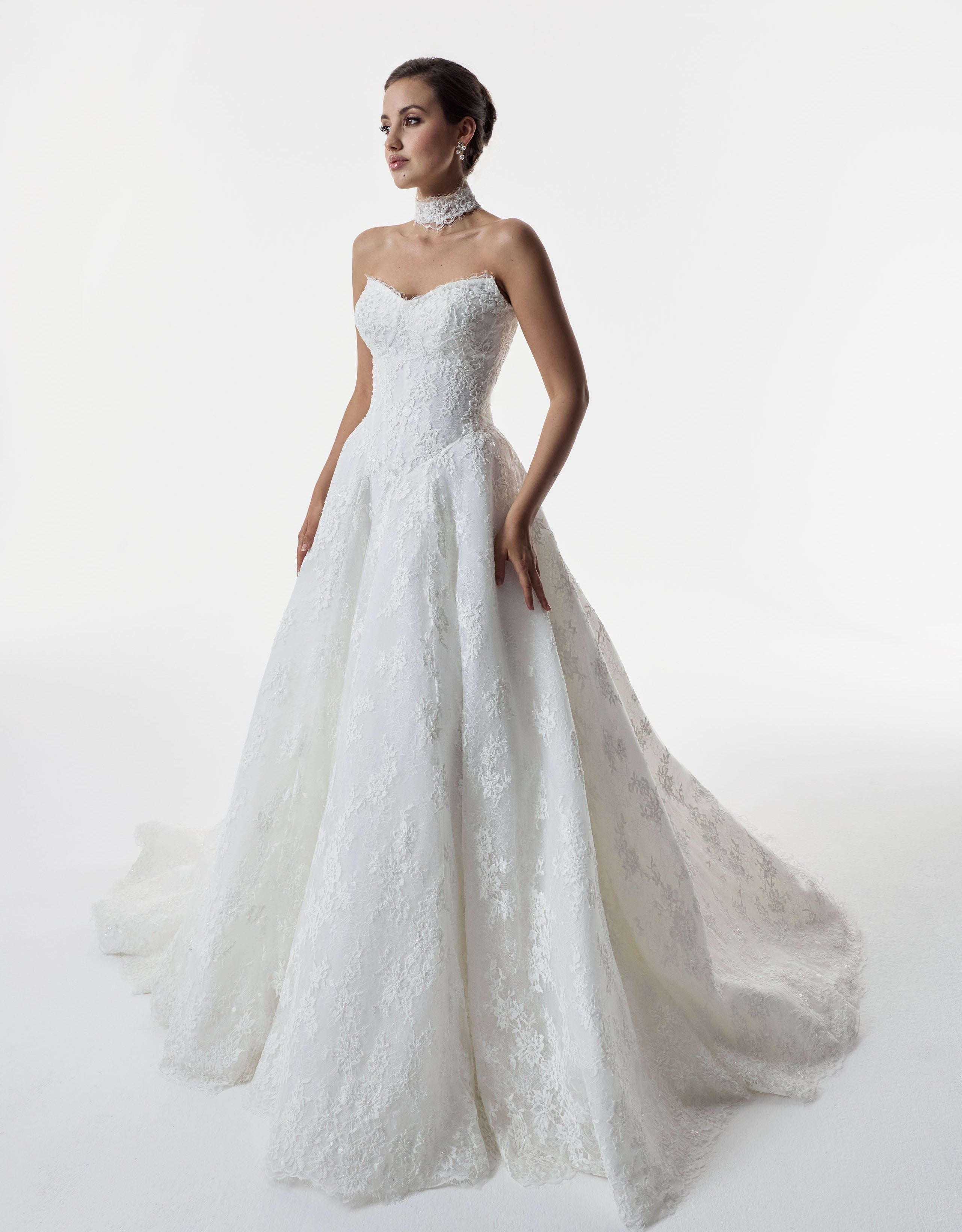 soft sweetheart neckline French look lace with beading corset bodice basque waist A-line skirt dress with matching lace choker