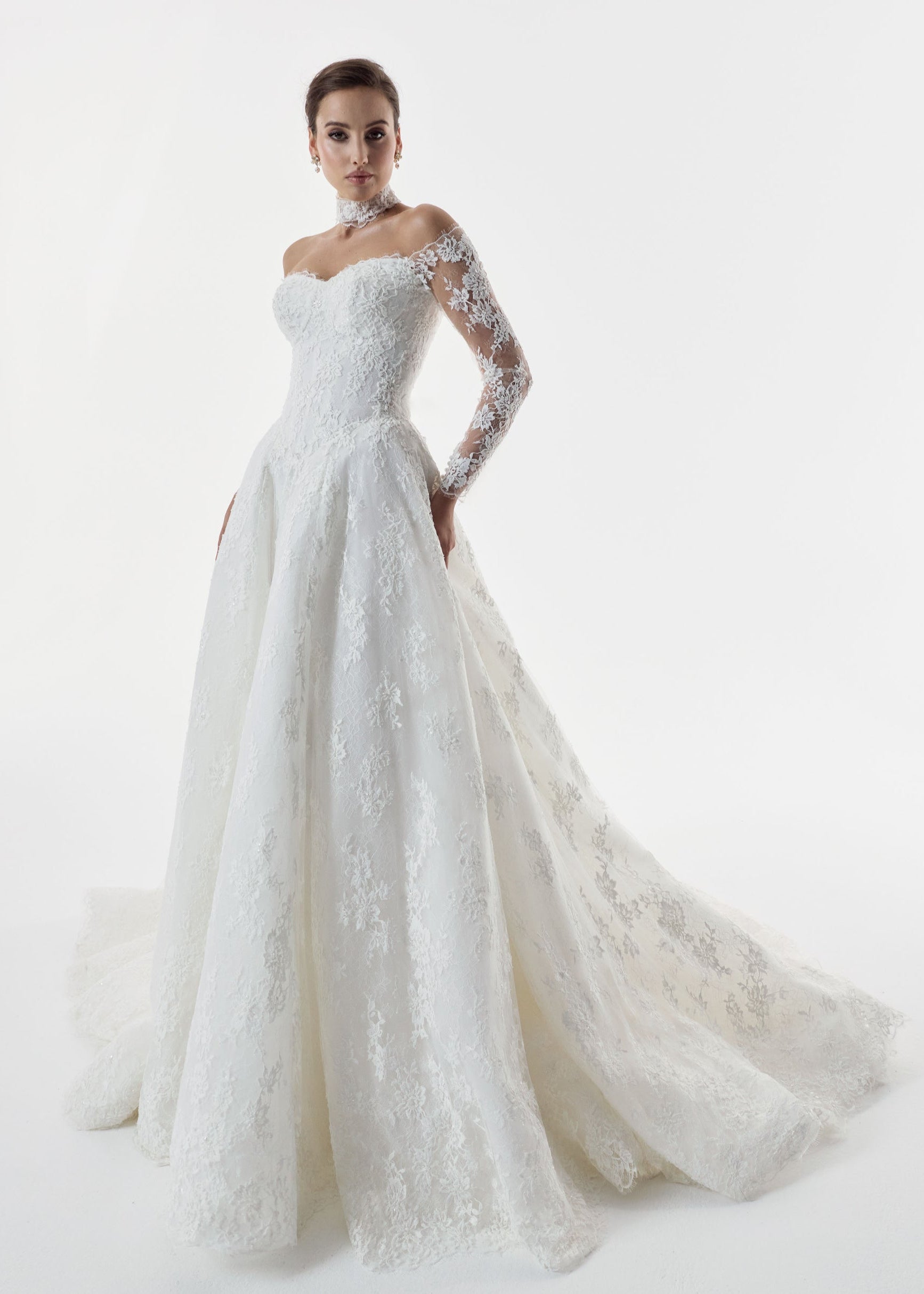 soft sweetheart neckline French look lace with beading corset bodice basque waist A-line skirt dress with matching lace choker and sleeves