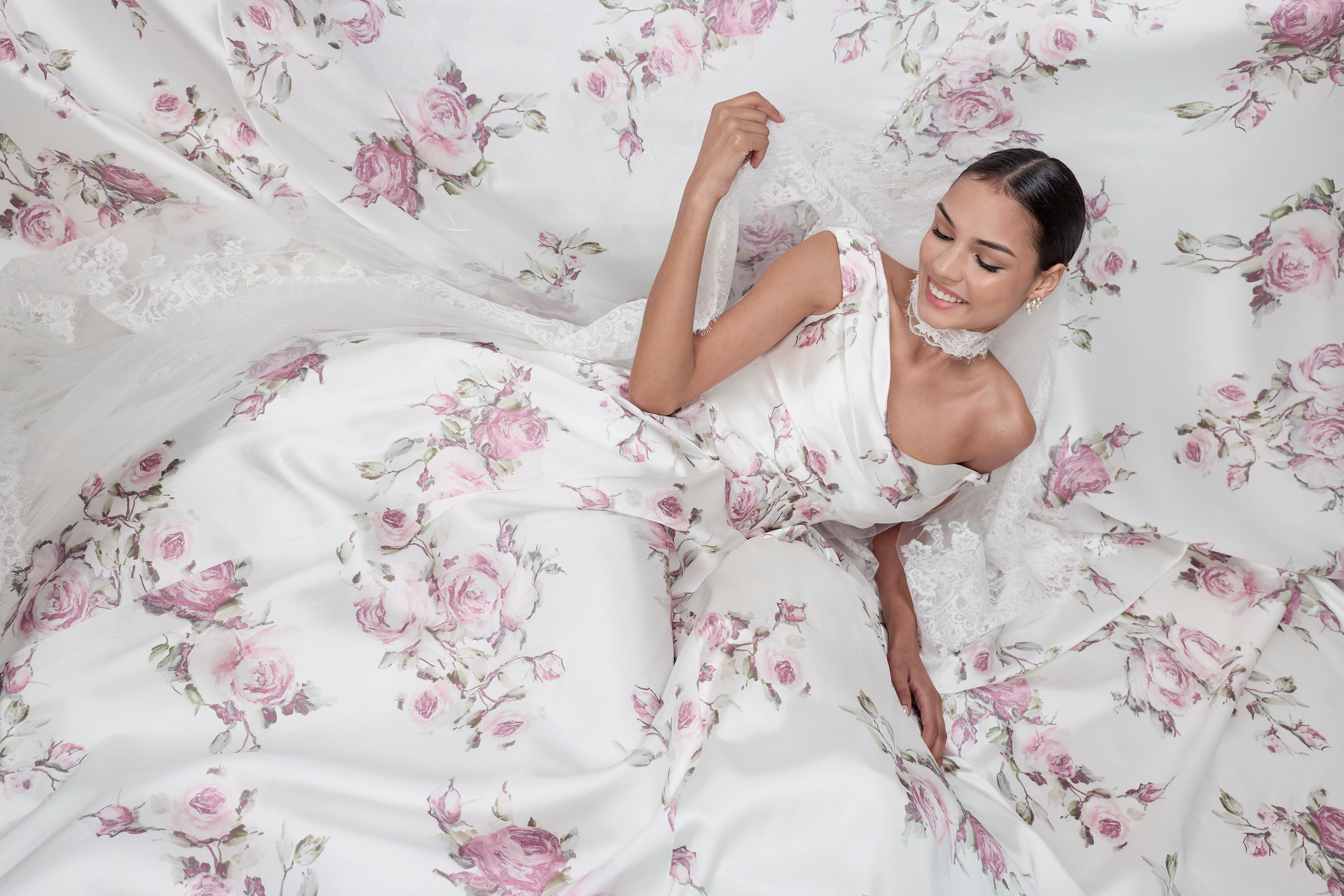 lux Italian silk Mikado swooped neckline, basque waist A-Line with a soft pink rose print