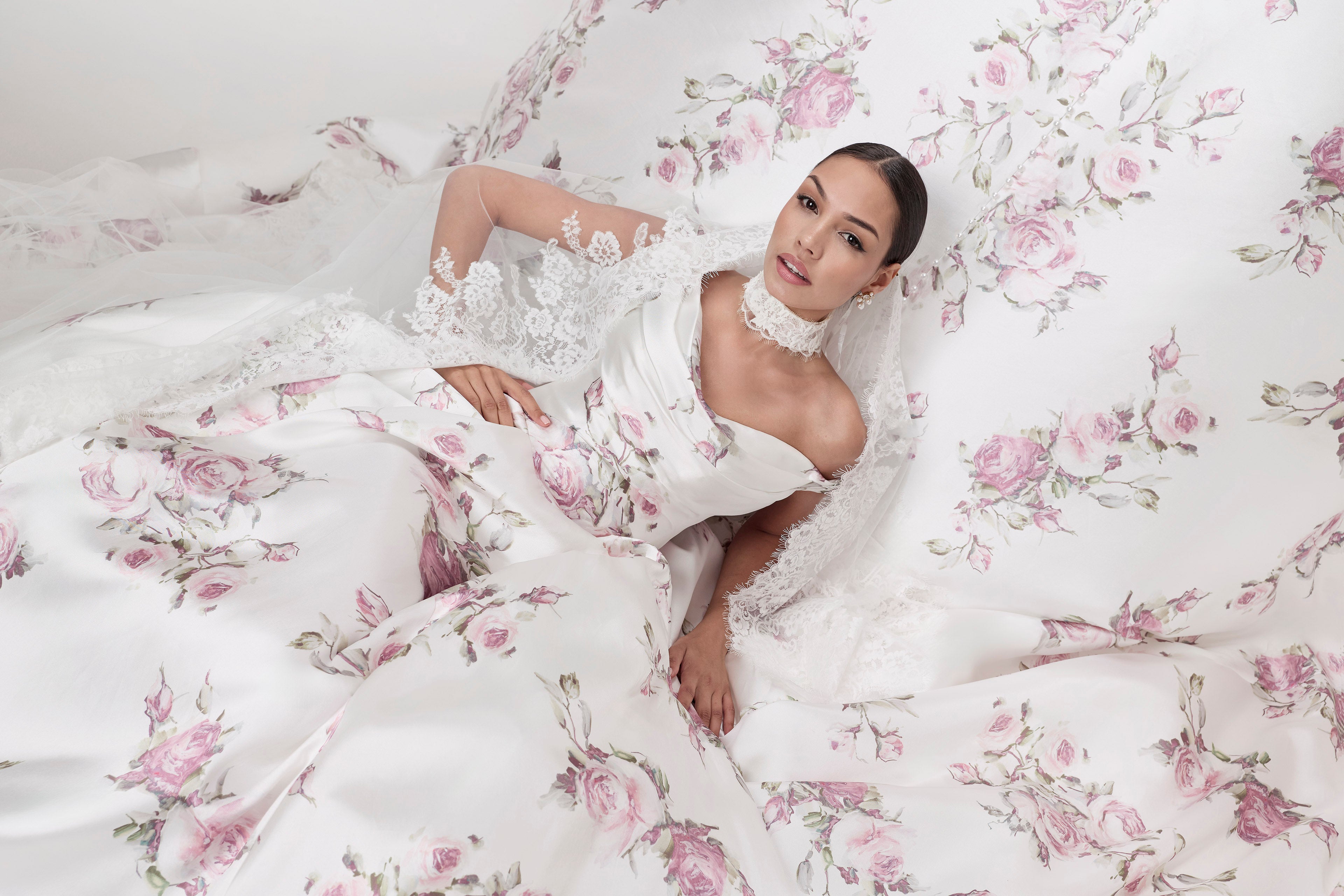 lux Italian silk Mikado swooped neckline, basque waist A-Line with a soft pink rose print