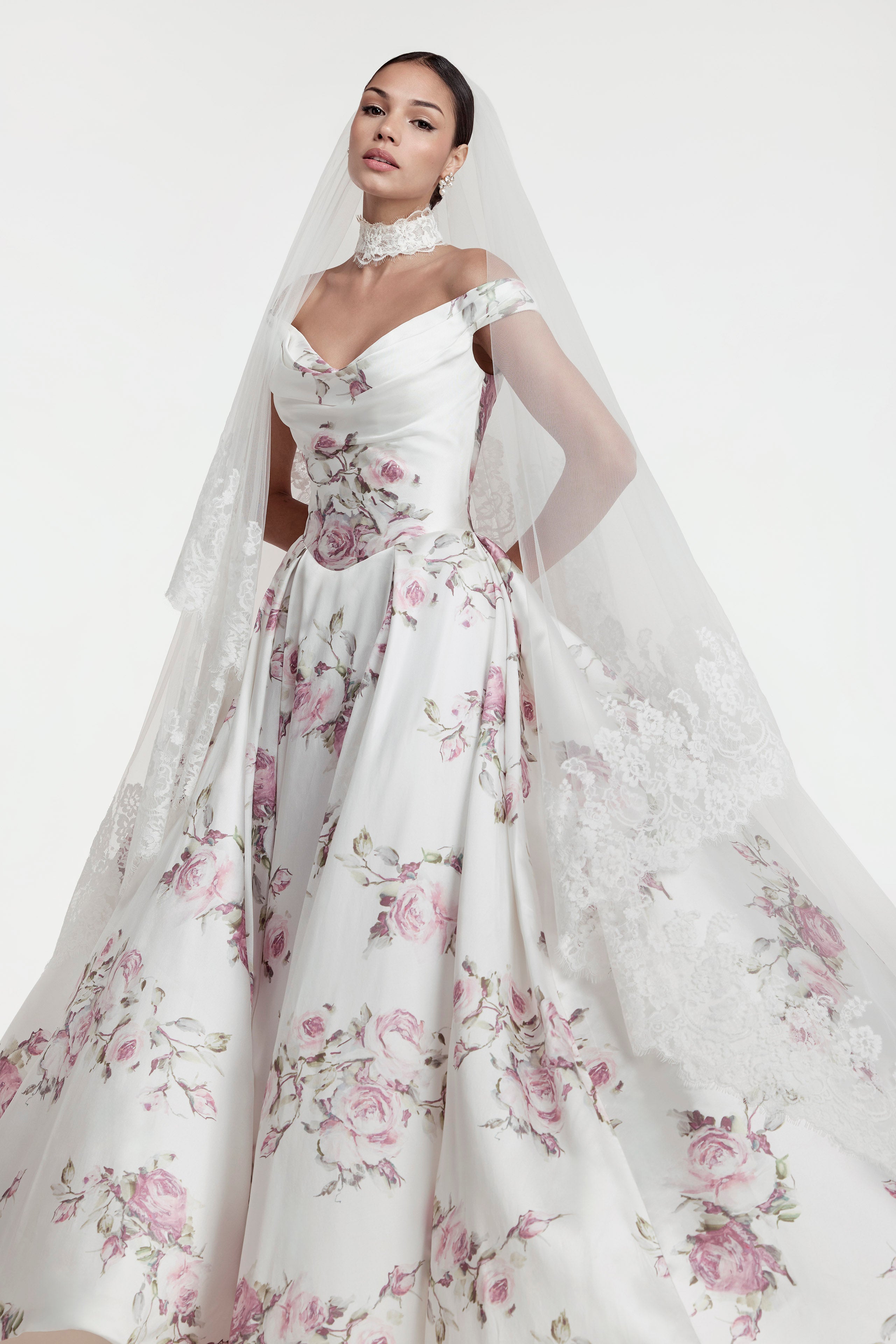 lux Italian silk Mikado swooped neckline, basque waist A-Line with a soft pink rose print