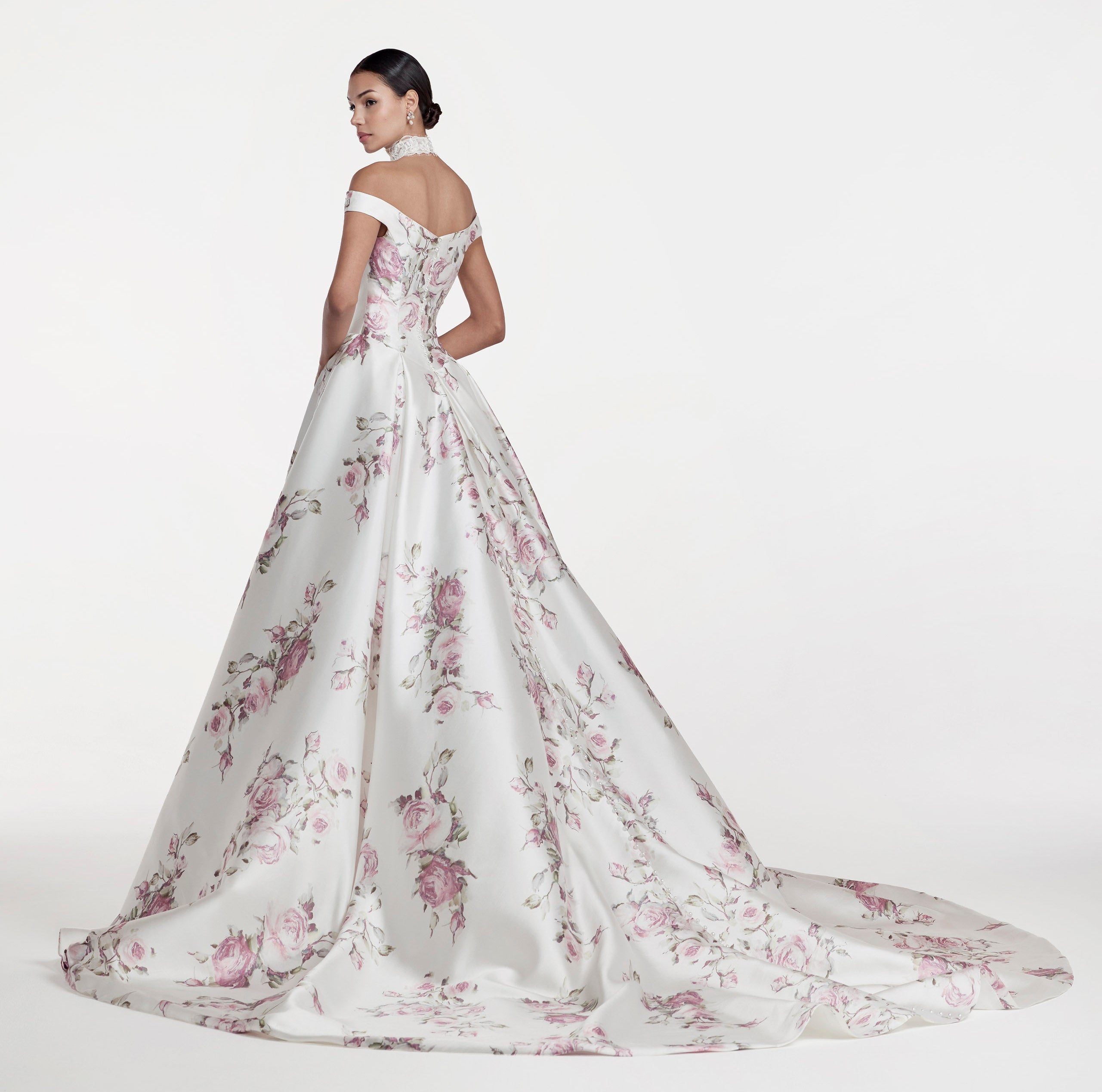 lux Italian silk Mikado swooped neckline, basque waist A-Line with a soft pink rose print