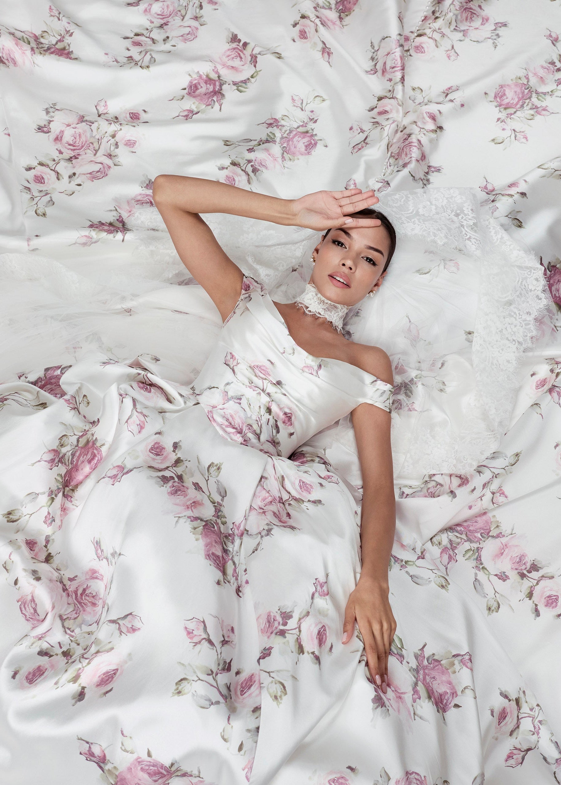 lux Italian silk Mikado swooped neckline, basque waist A-Line with a soft pink rose print