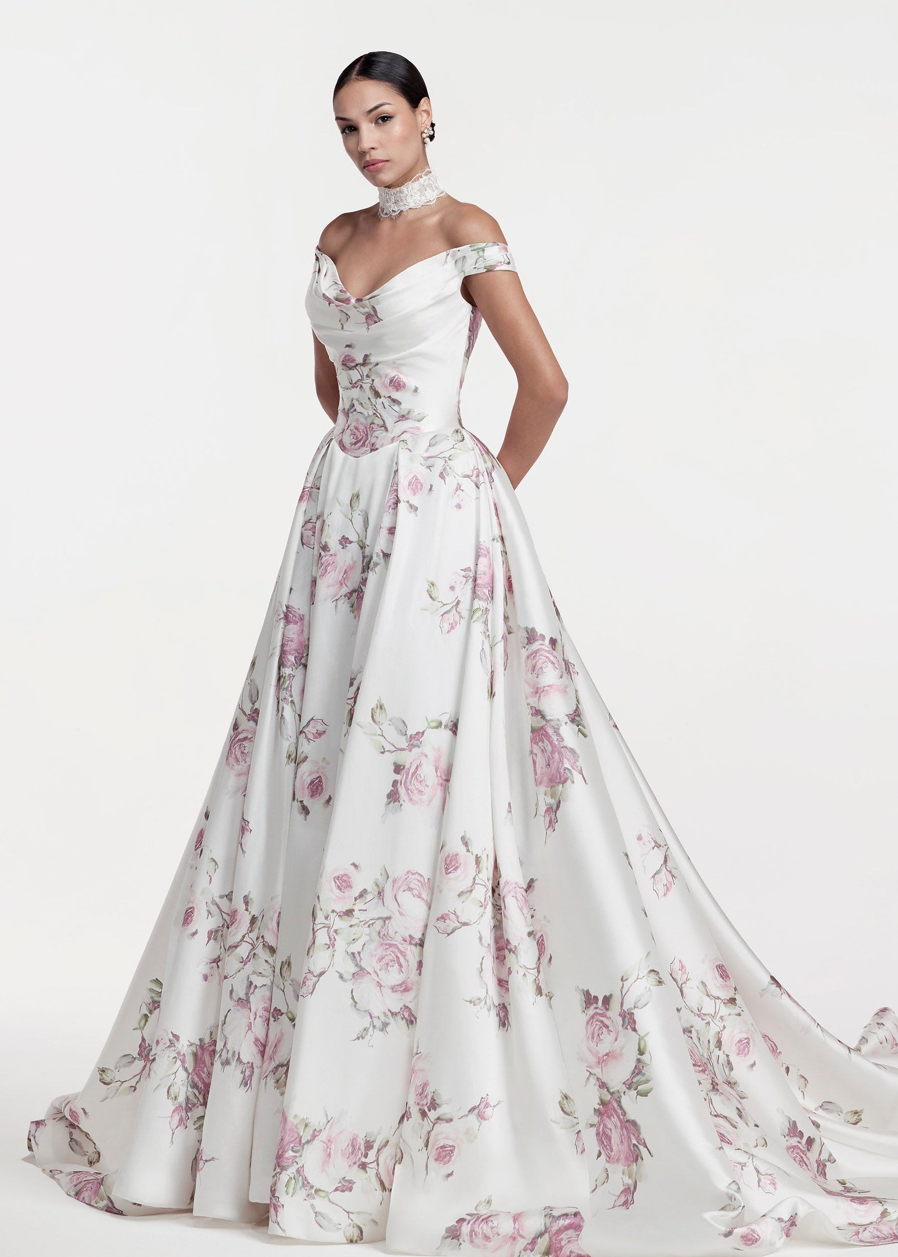 lux Italian silk Mikado swooped neckline, Basque waist A-Line with a soft pink rose print