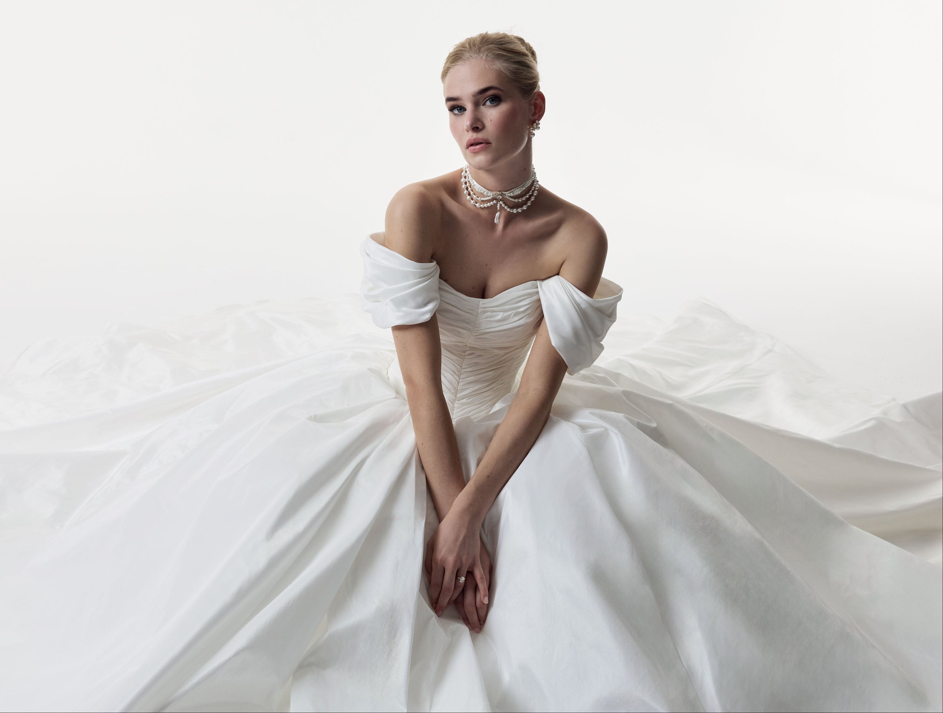 off the shoulder straps and a tightly ruched metallic taffeta bodice and basque waist full ballgown A-Line skirt and choker