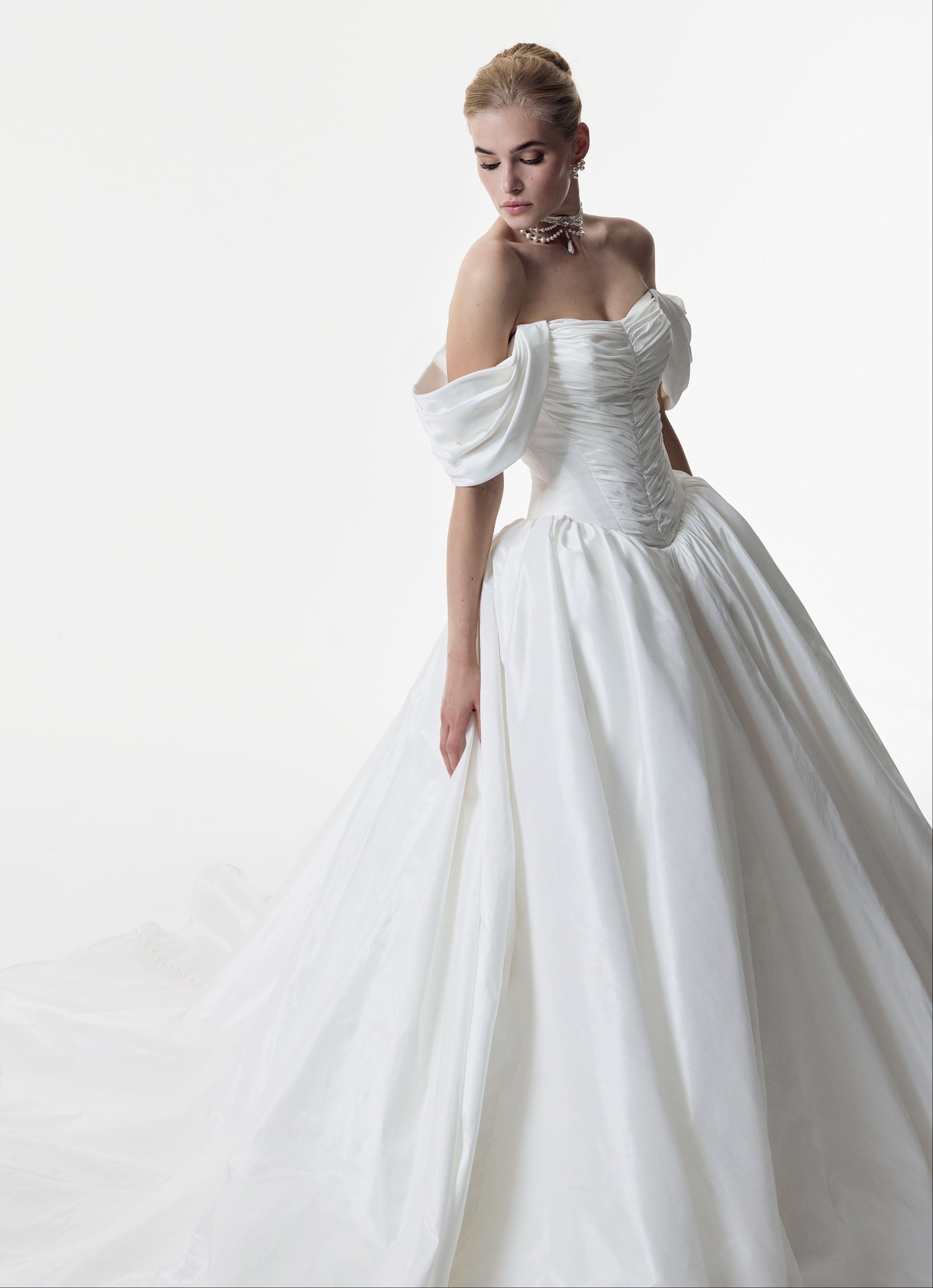 off the shoulder straps and a tightly ruched metallic taffeta bodice and basque waist full ballgown A-Line skirt and choker