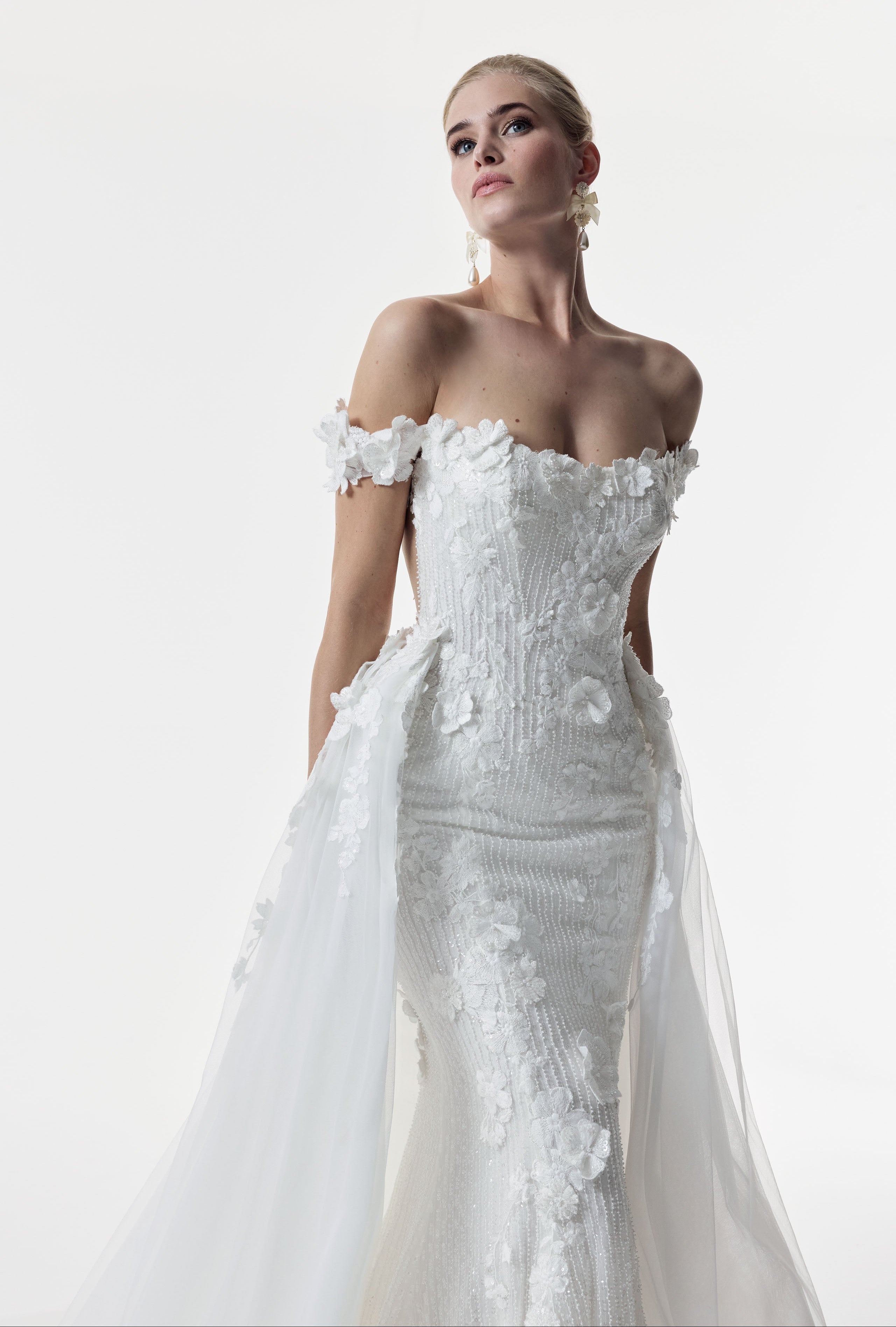 bardot neckline dropped straps beaded tulle & metallic embroidery lace appliqué fitted sheath dress