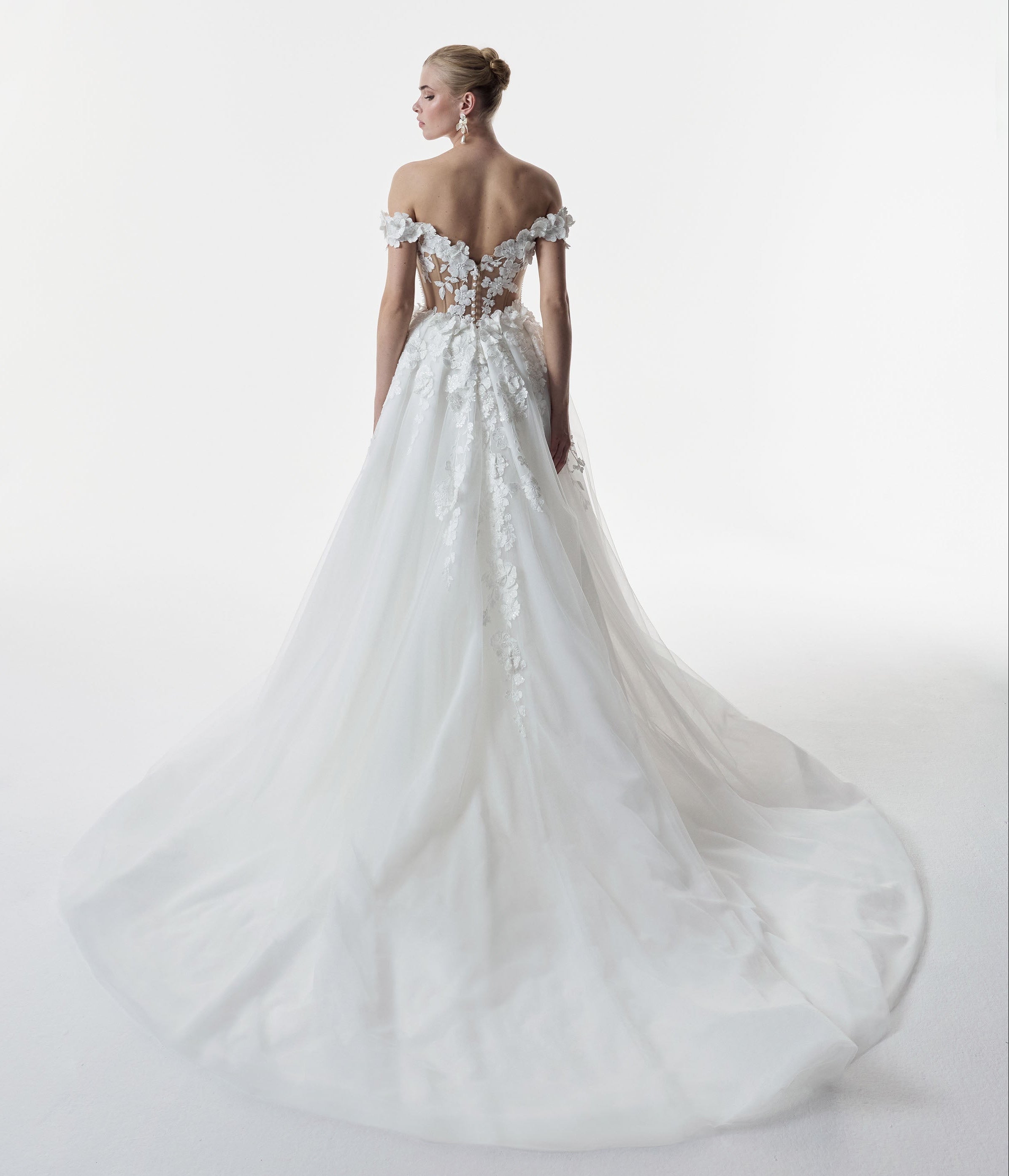 bardot neckline dropped straps beaded tulle & metallic embroidery lace appliqué fitted sheath dress with shear illusion back and pearl buttons with an overskirt