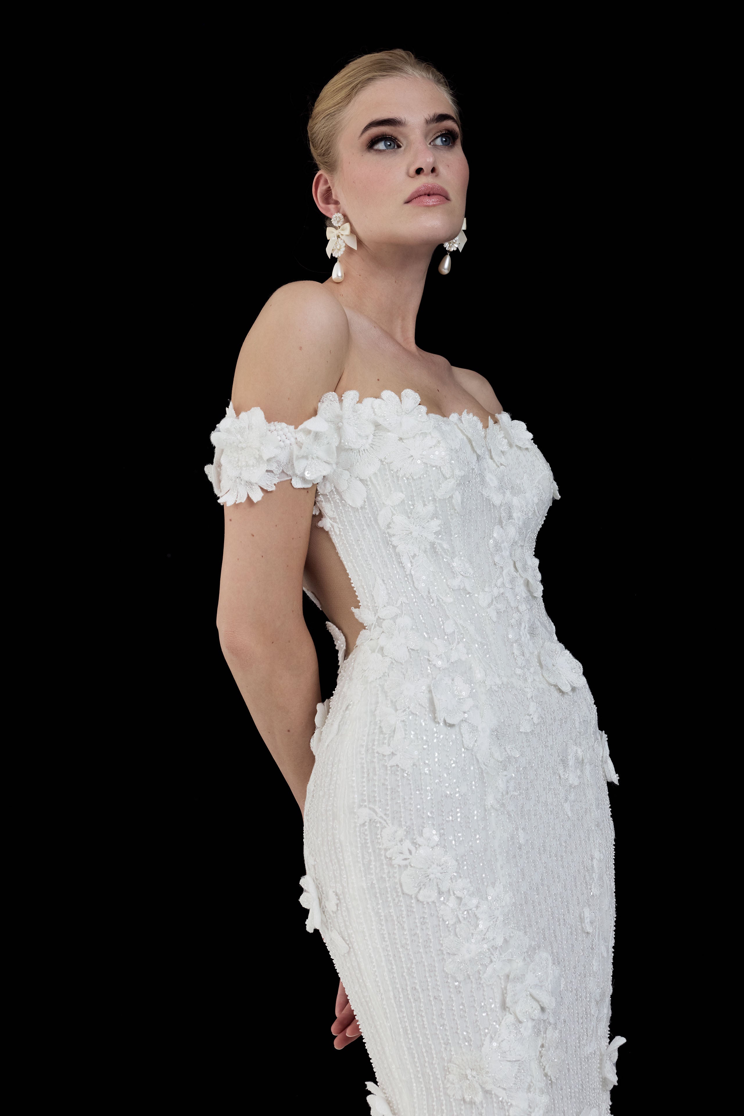 floral bardot neckline dropped straps beaded tulle & metallic embroidery lace appliqué fitted sheath dress with illusion panel