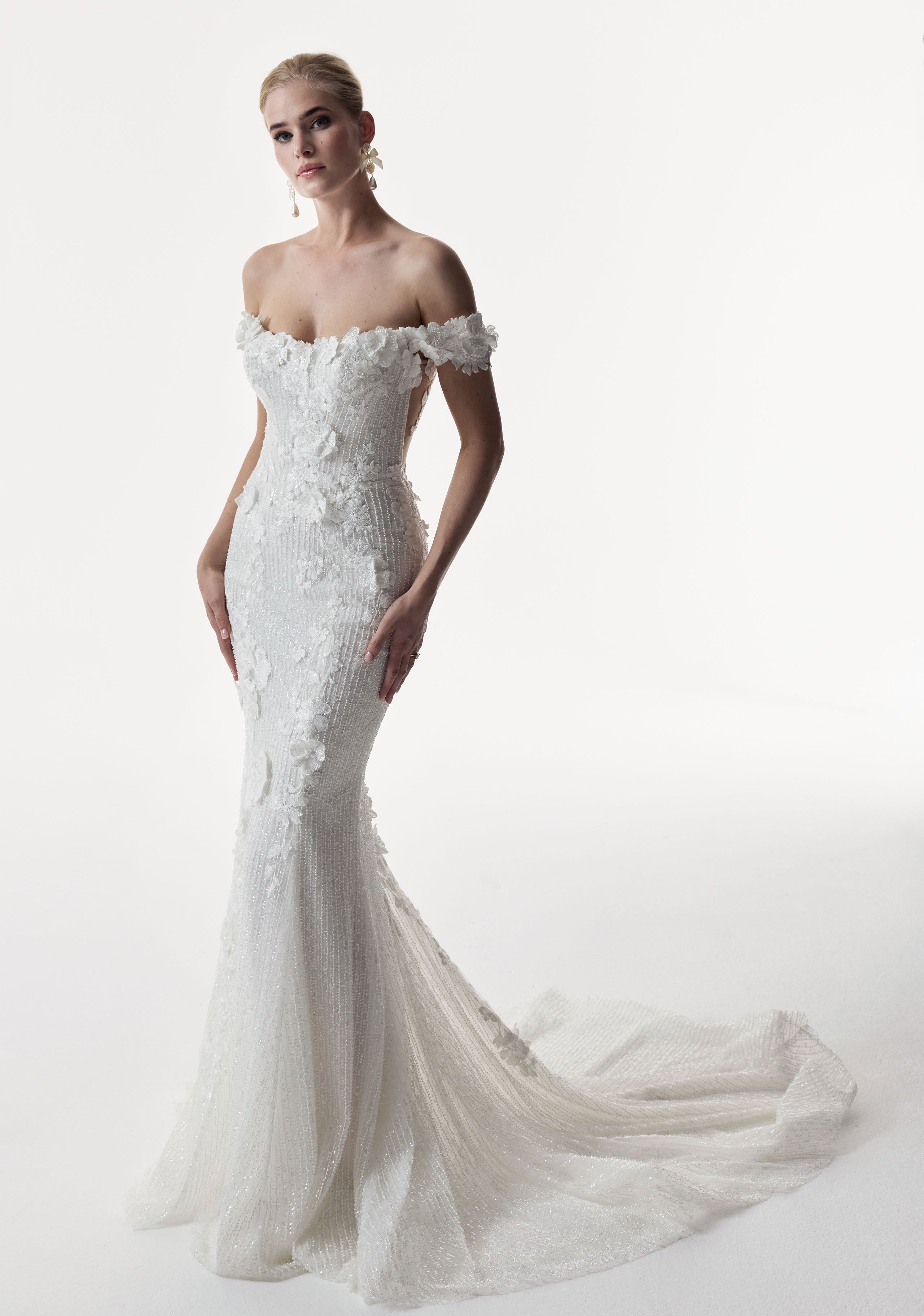 floral bardot neckline dropped straps beaded tulle & metallic embroidery lace appliqué fitted sheath dress with illusin panel