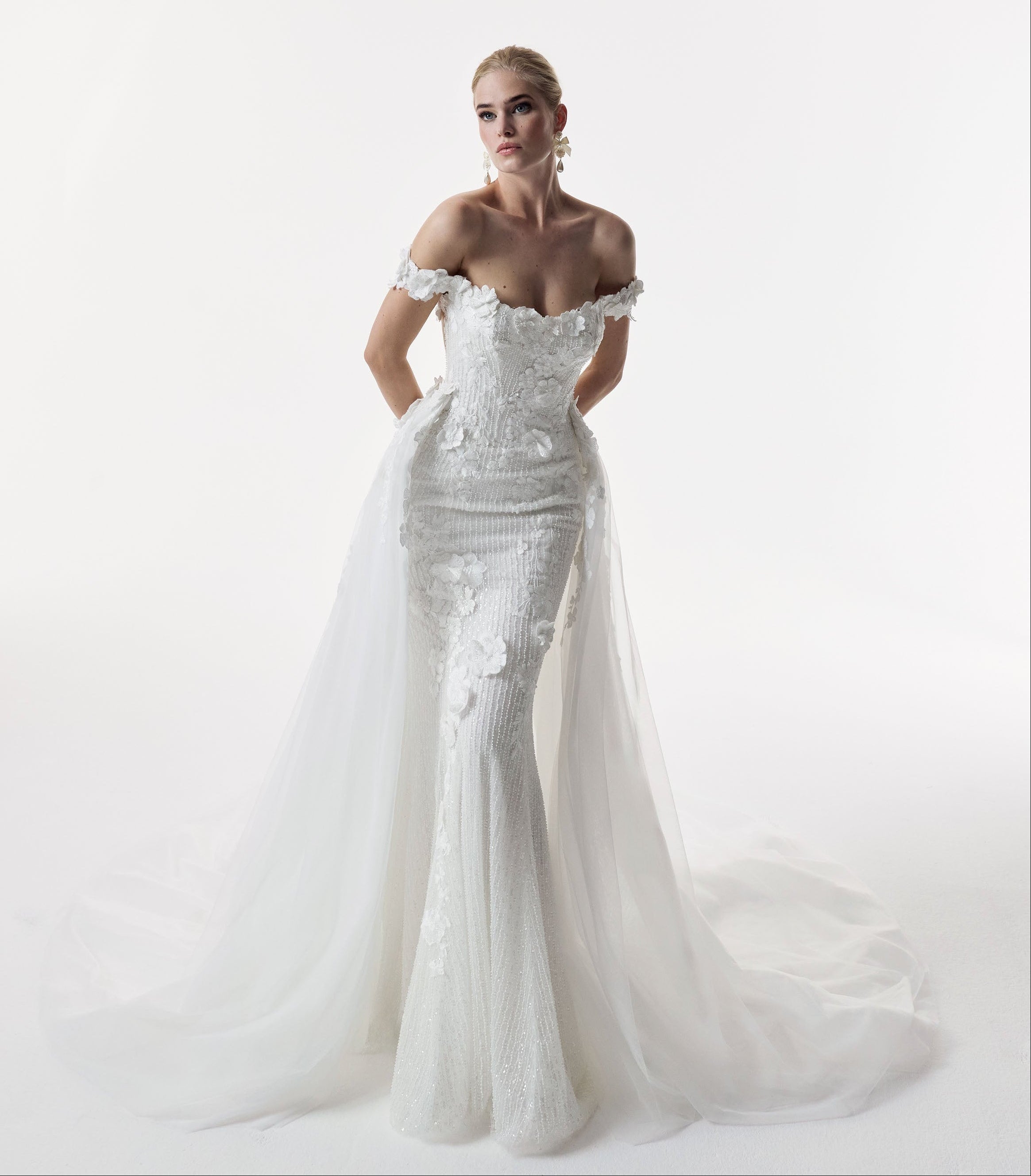 bardot neckline dropped straps beaded tulle & metallic embroidery lace appliqué fitted sheath dress