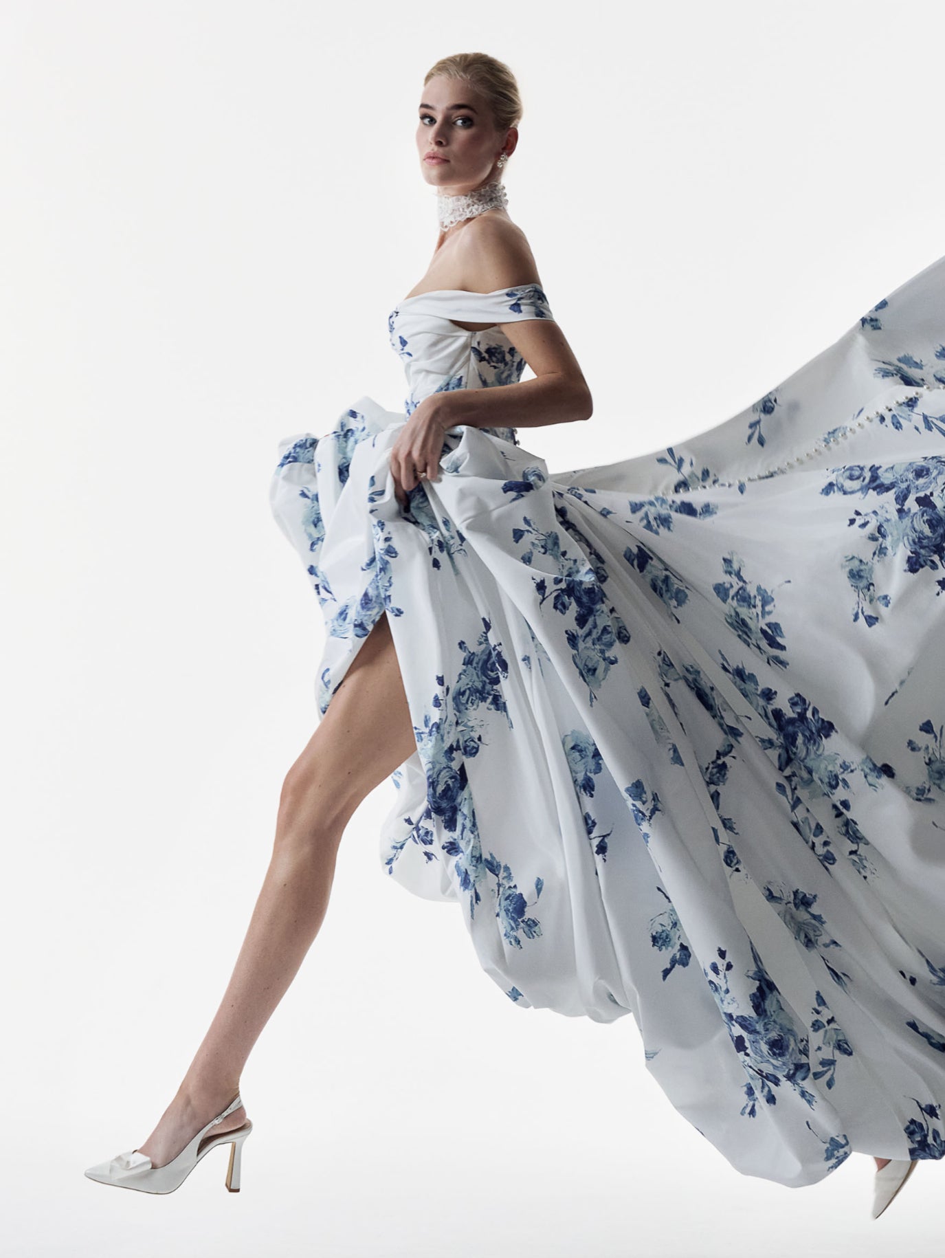 classic ivory and topaz floral print bardot neckline and corset basque waist and ruched pick-up skirt leg slit detailing
