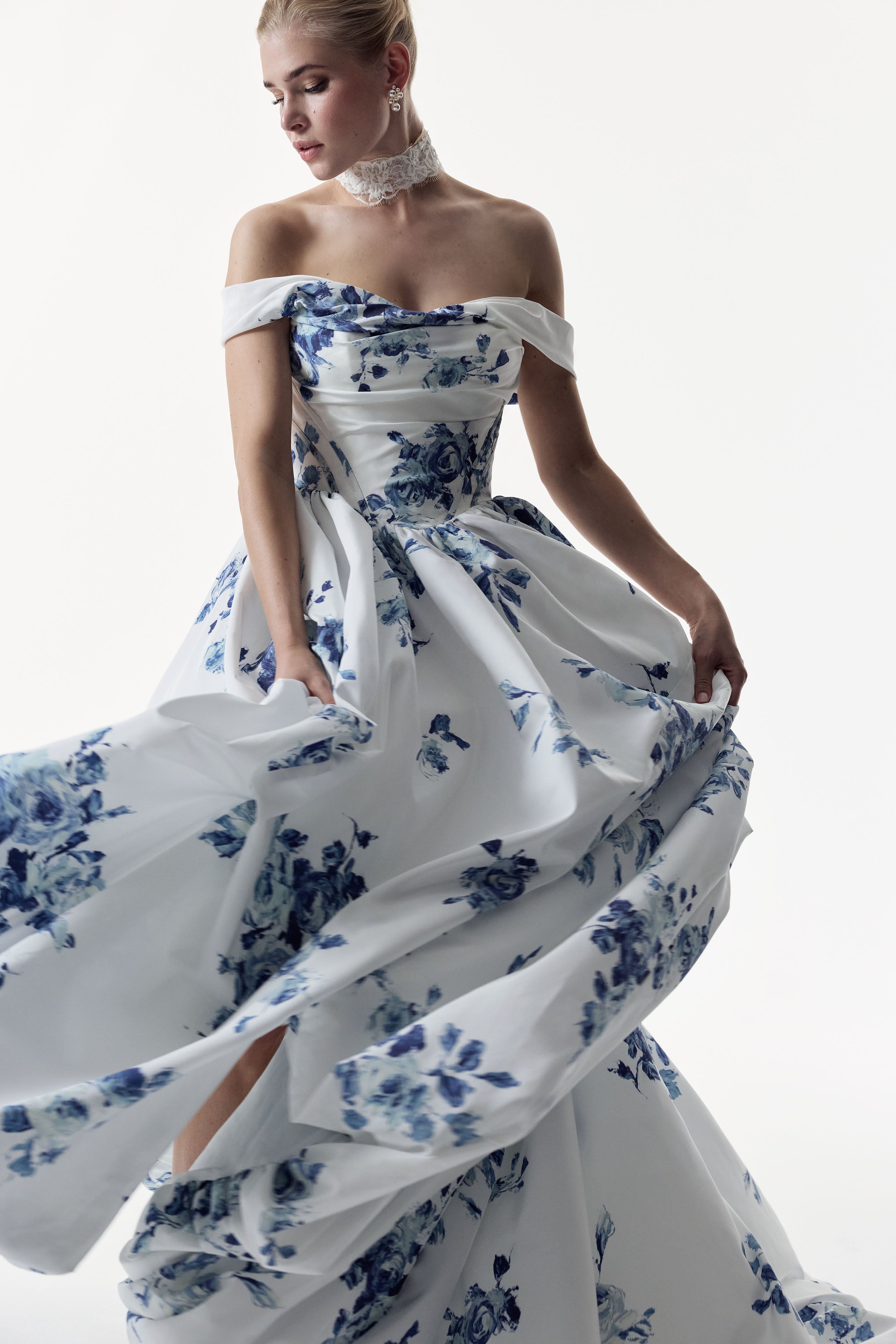classic ivory and topaz floral print bardot neckline and corset basque waist and ruched pick-up skirt leg slit detailing