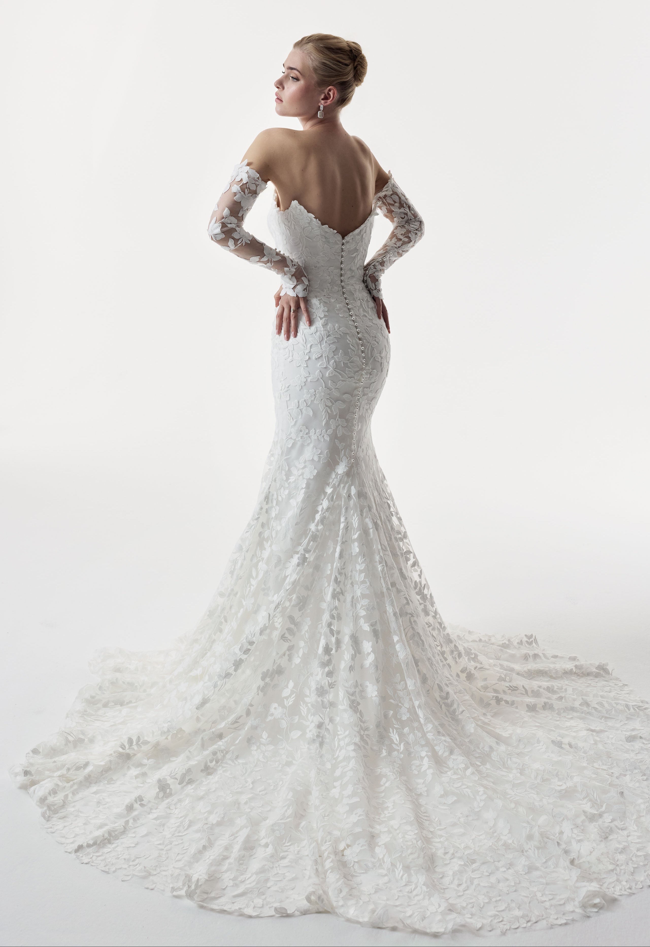strapless sweetheart neckline fitted sheath dress leaf lace emrbroidery applique layered over delicate Chantilly lace with pearl buttons and matching lace sleeves