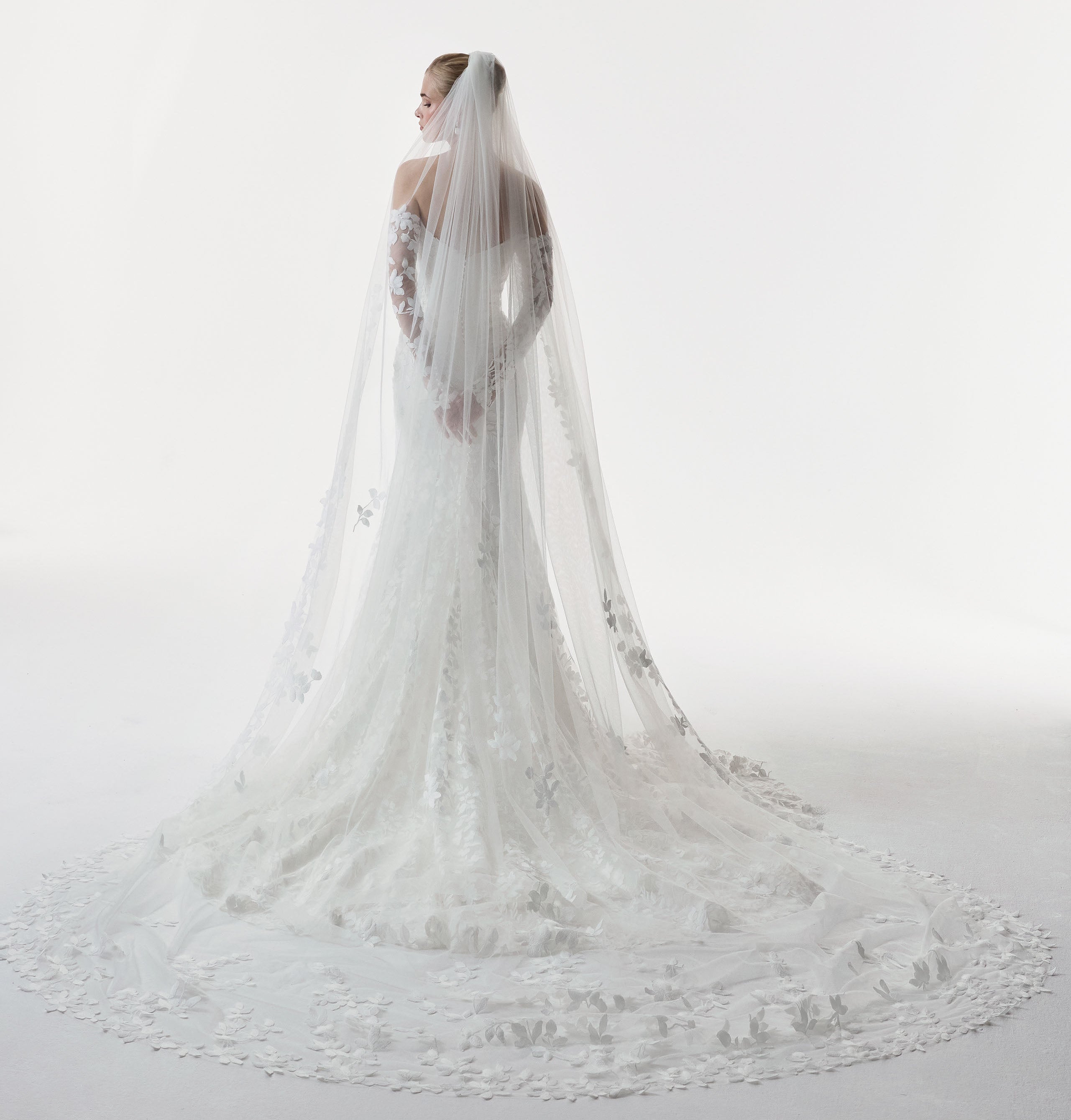 strapless sweetheart neckline fitted sheath dress leaf lace embroidery applique layered over delicate Chantilly lace with matching lace sleeves and single tier lace wedding veil