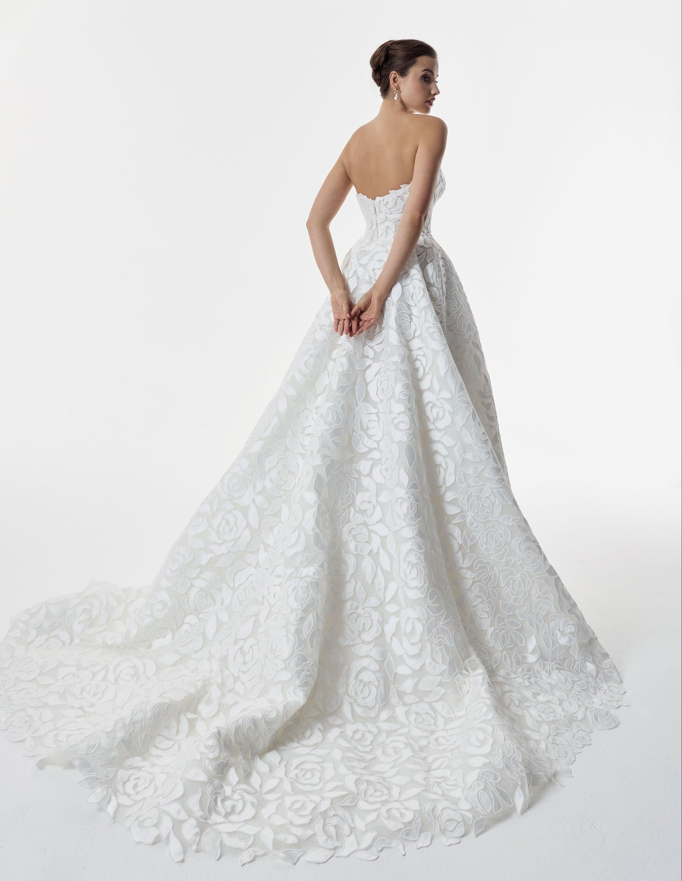 strapless laser-cut rose applique overlay soft Chantilly lace A-line dress