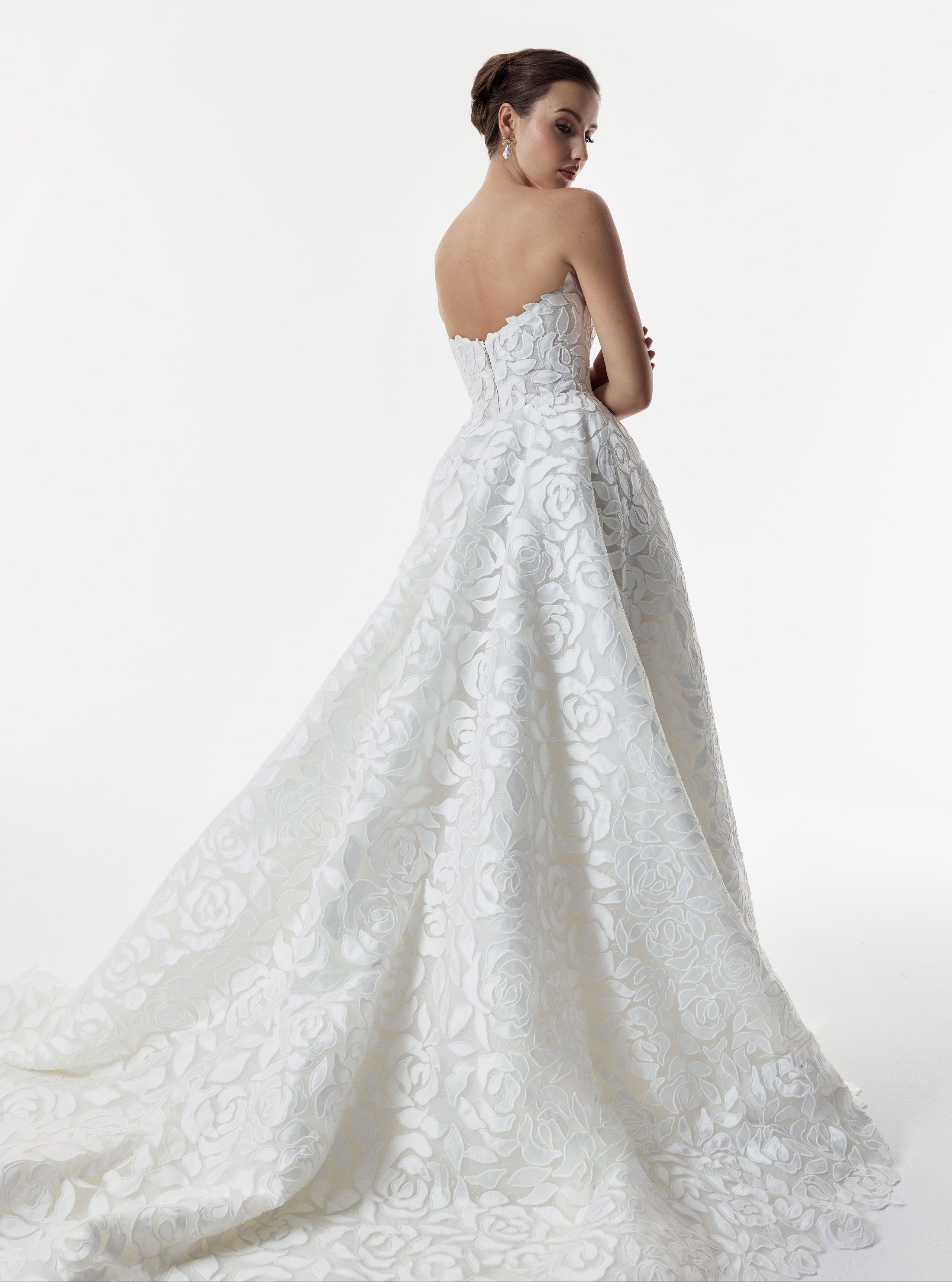 strapless laser-cut rose applique overlay soft Chantilly lace A-line dress