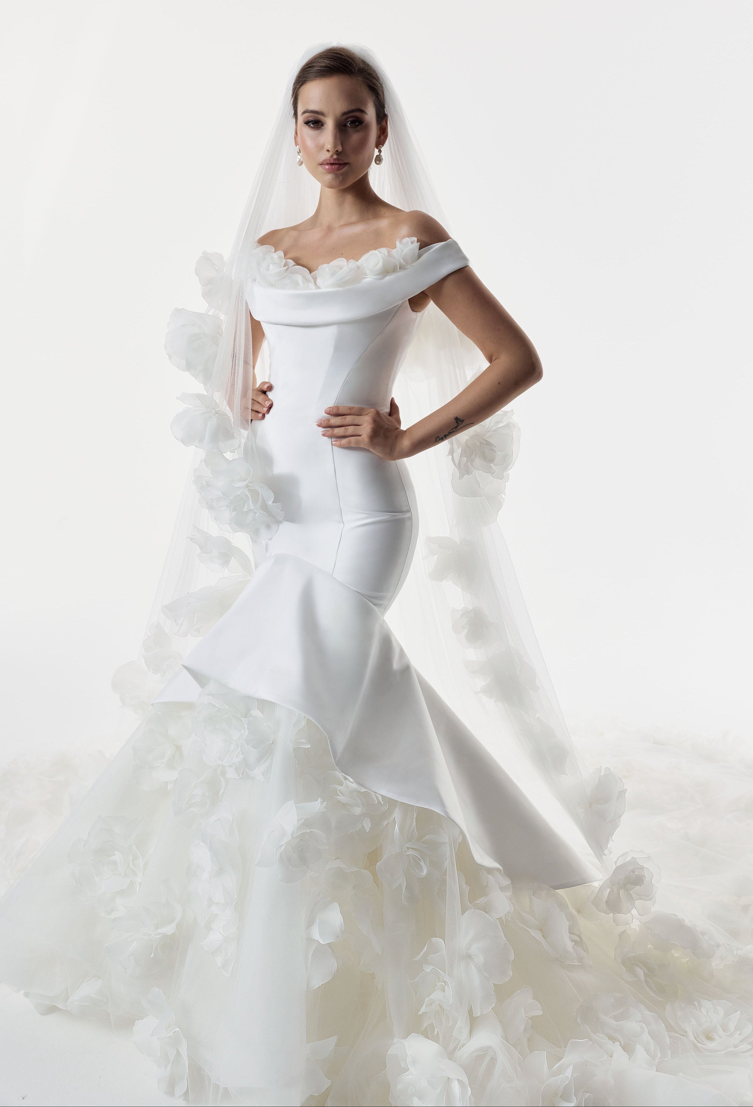 bardot neckline Mikado and tulle 3d floral applique fit and flare dress with matching wedding 3d flower veil