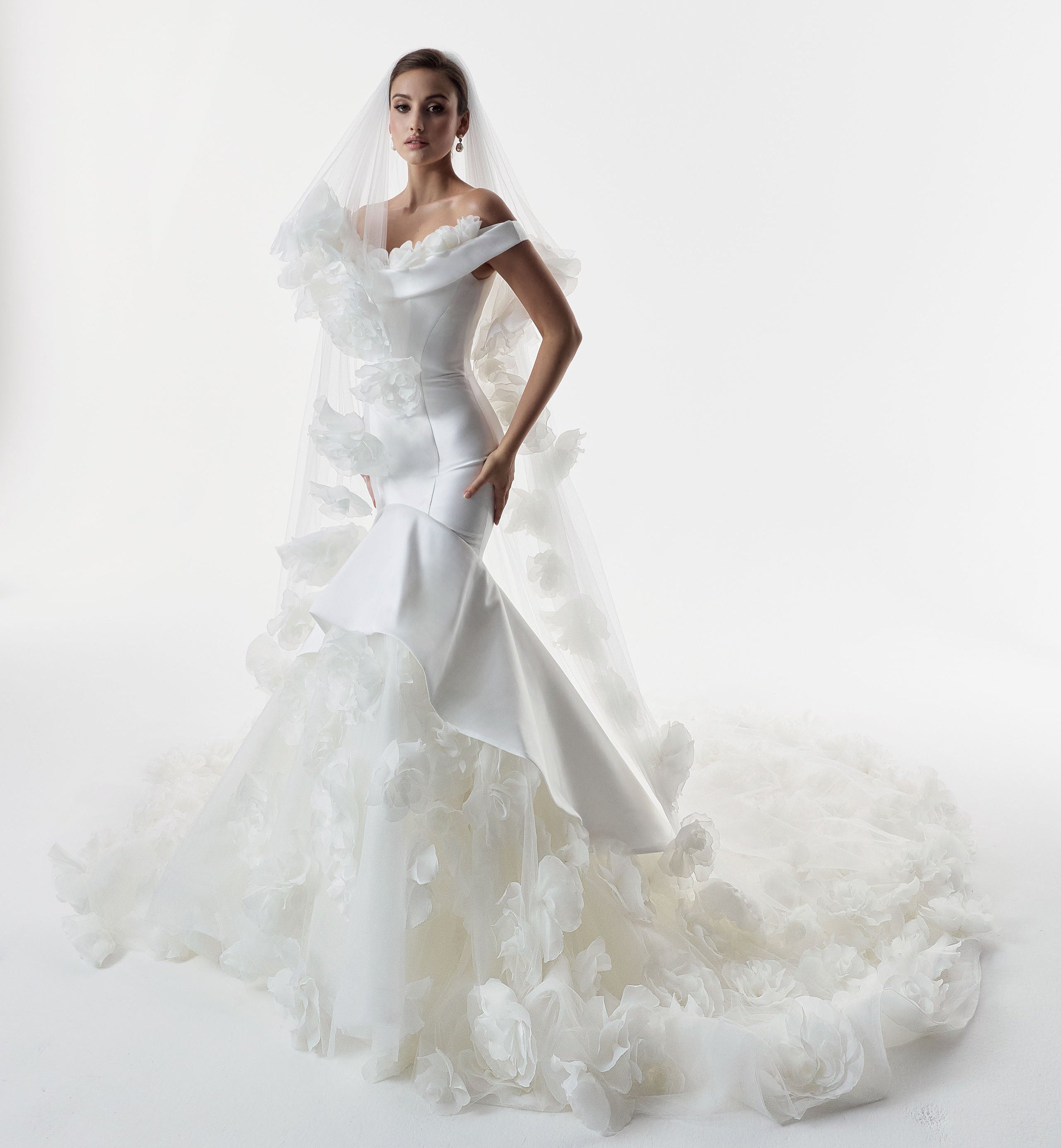 bardot neckline Mikado and tulle 3d floral applique fit and flare dress with matching 3d flower wedding veil