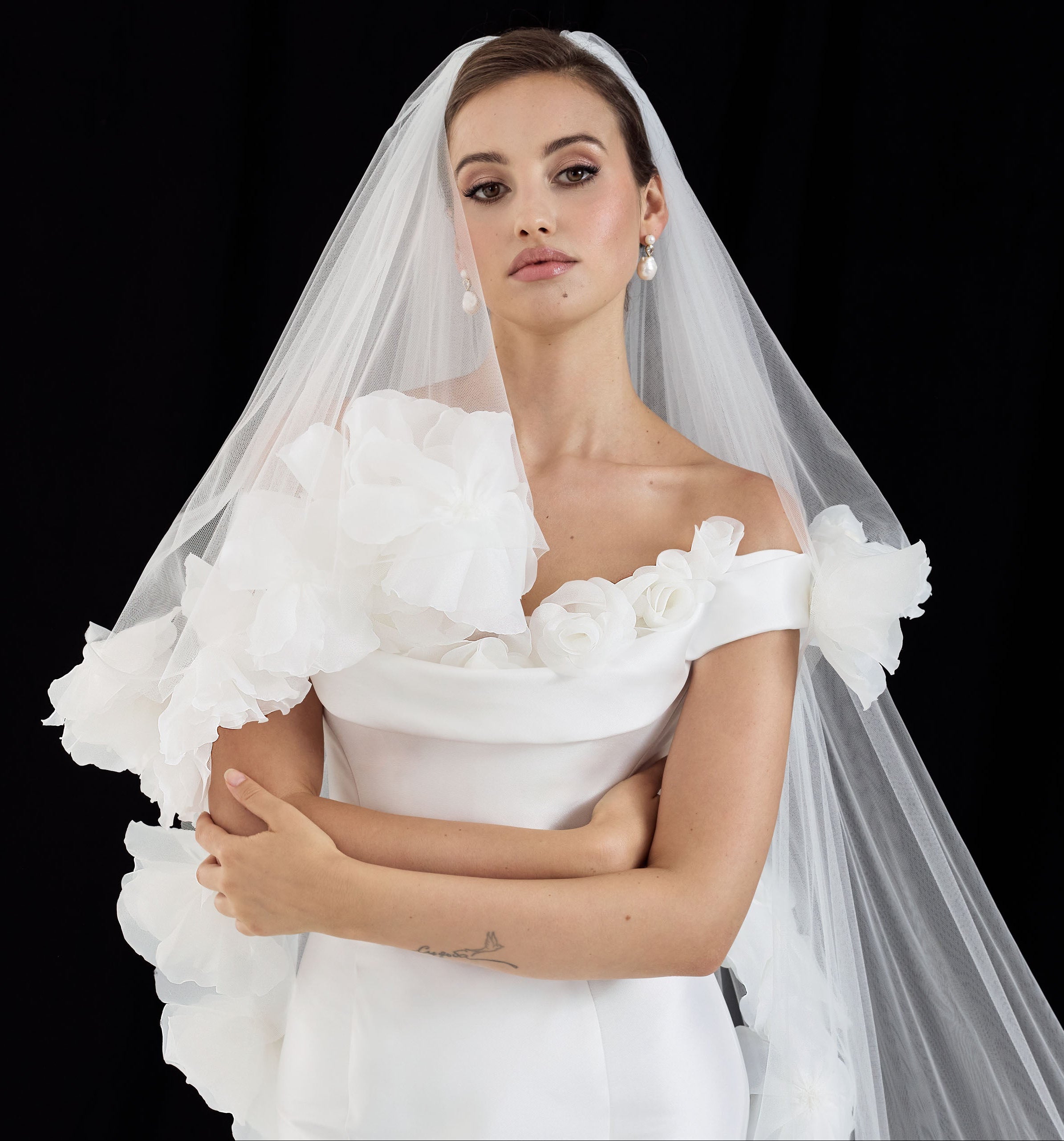 bardot neckline Mikado and tulle 3d floral applique fit and flare dress with matching 3d flower wedding veil