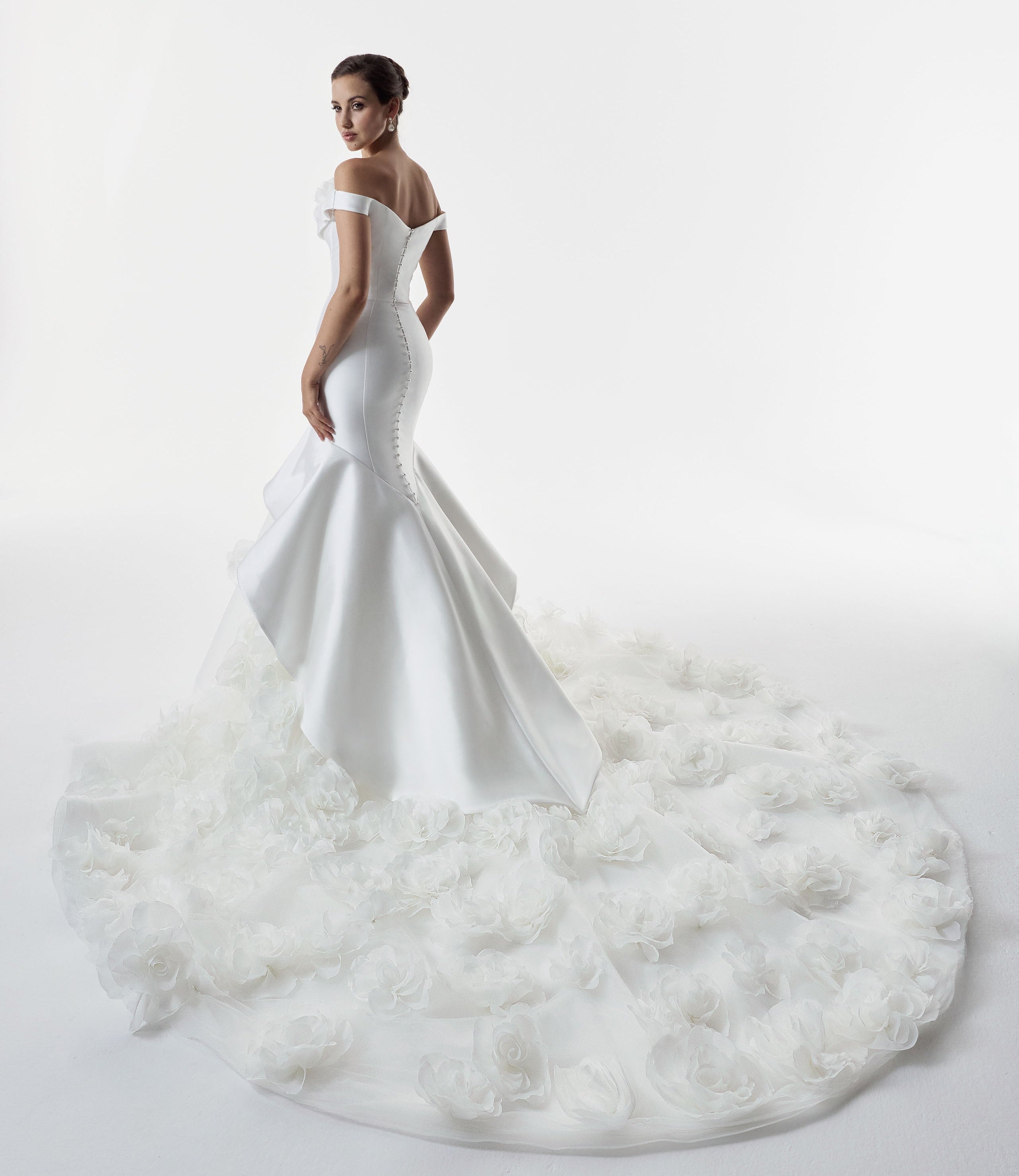 bardot neckline Mikado and tulle 3d floral applique fit and flare dress with pearl buttons on the back