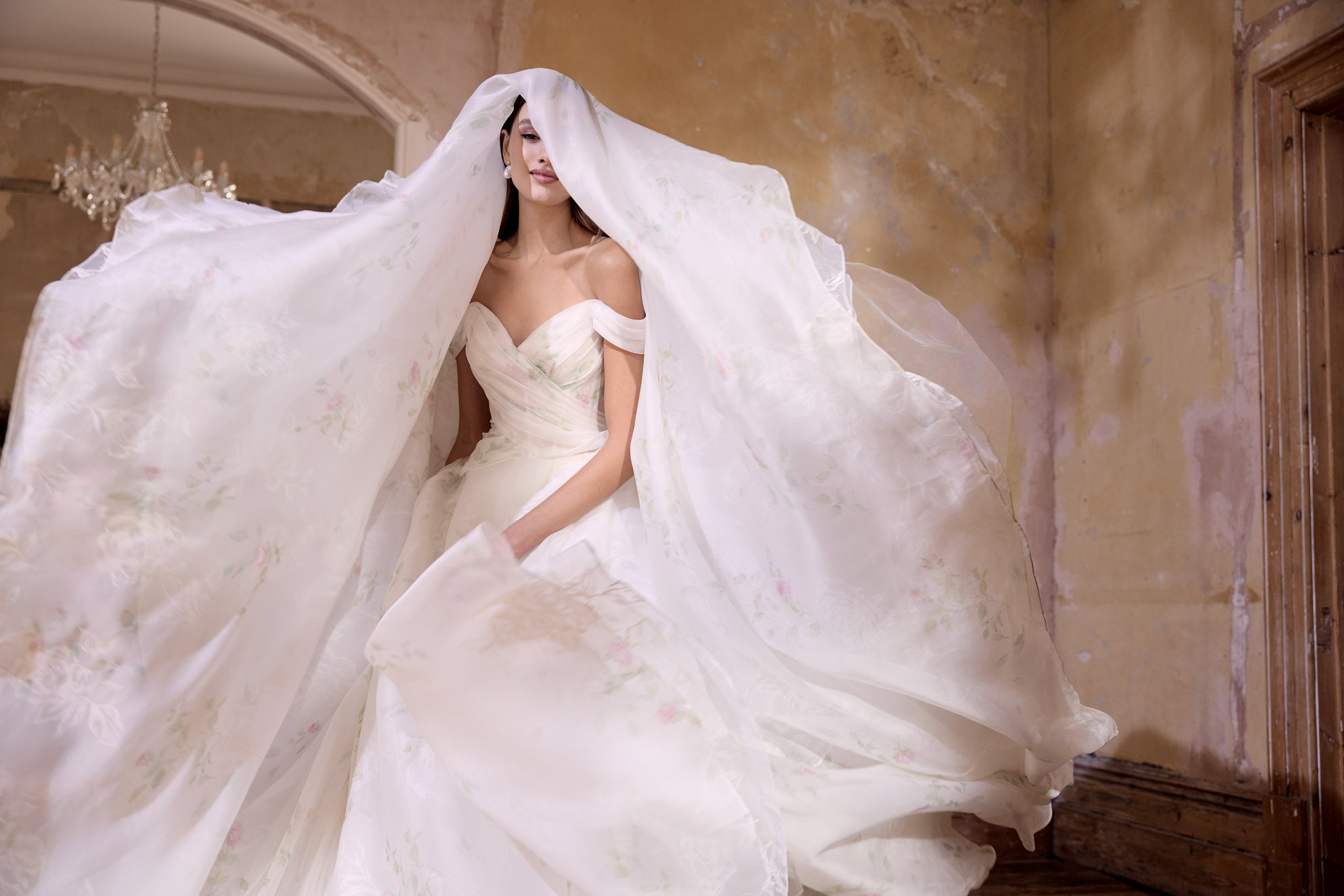 off the shoulder neckline rose print silk organza embossed organza full A-line silhouette with optional bow