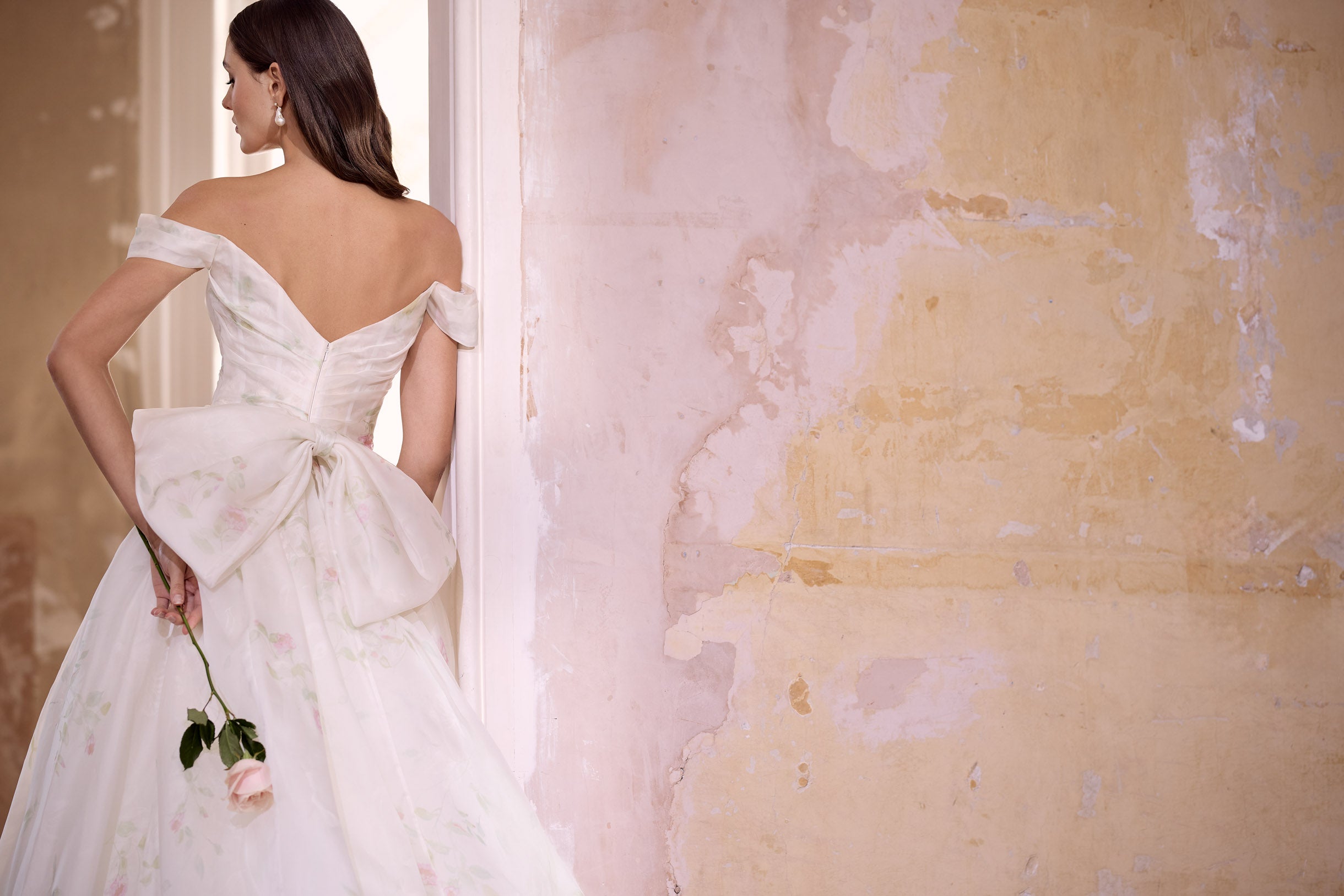 off the shoulder neckline rose print silk organza embossed organza full A-line silhouette with optional bow