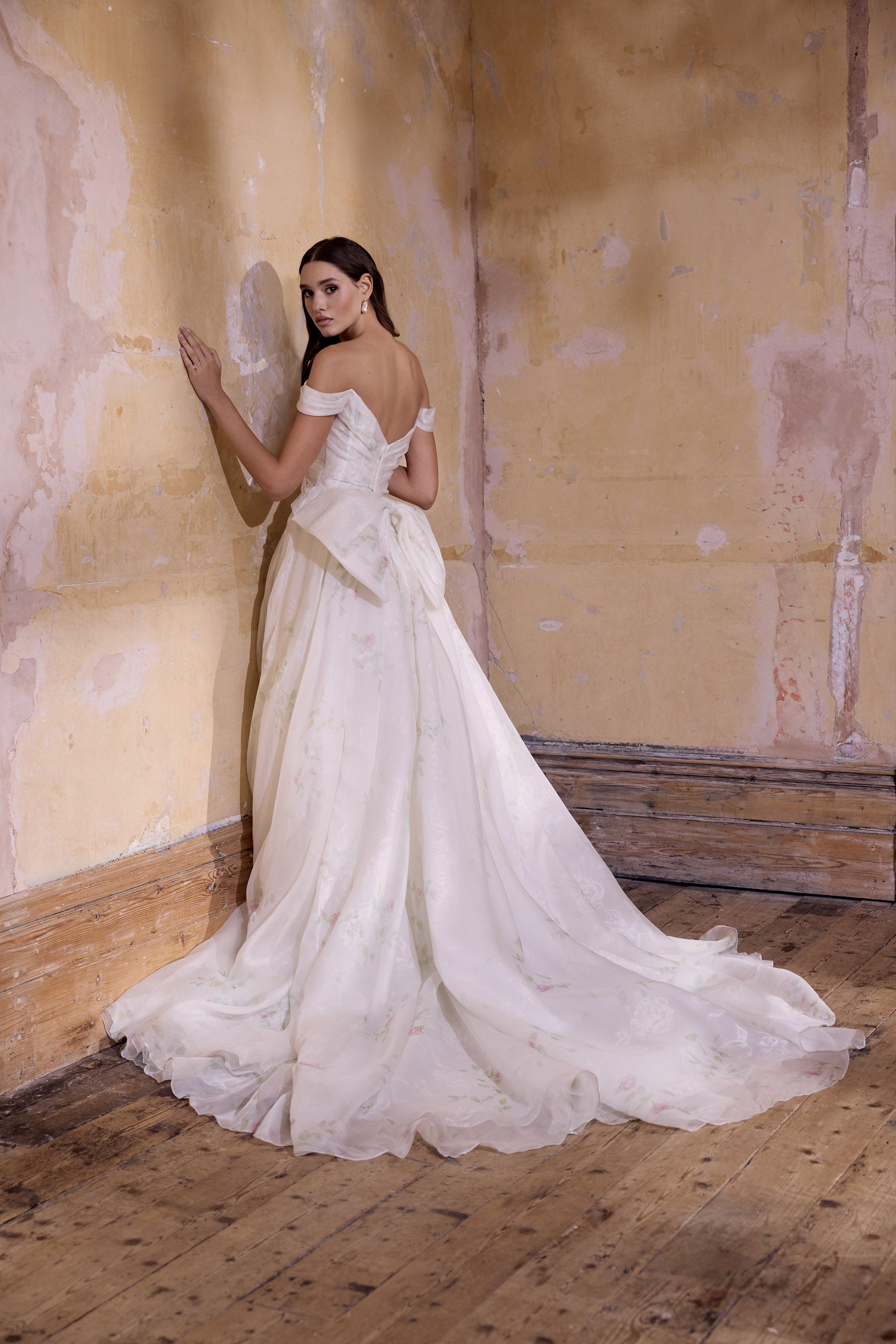 off the shoulder neckline rose print silk organza embossed organza full A-line silhouette with optional bow