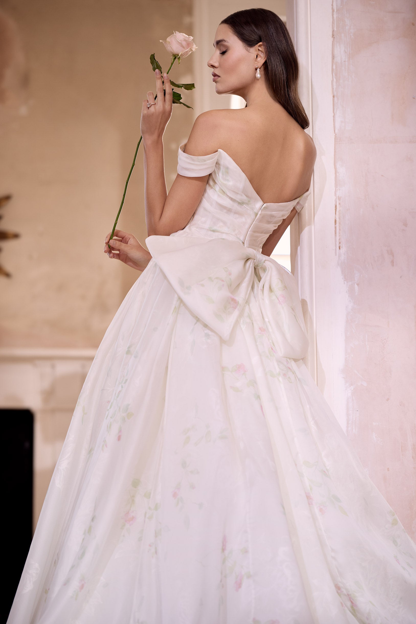 off the shoulder neckline rose print silk organza embossed organza full A-line silhouette with optional bow