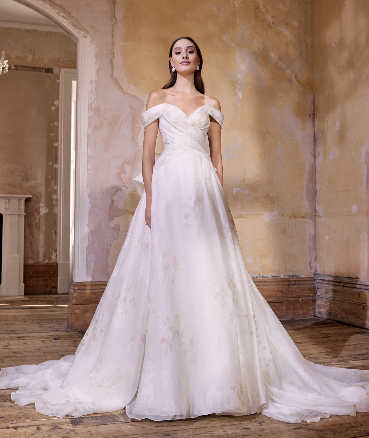 off the shoulder neckline rose print silk organza embossed organza full A-line silhouette with optional bow