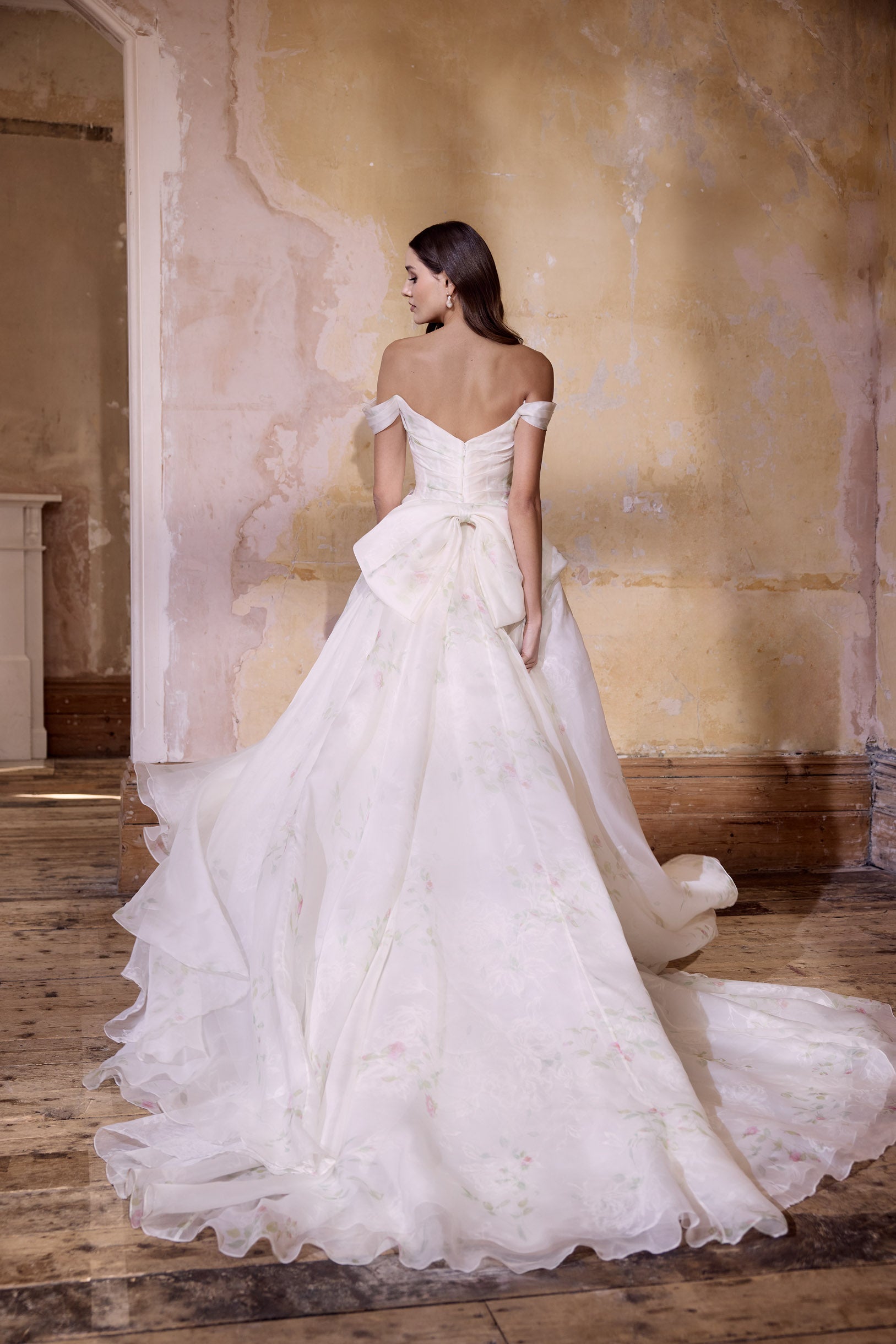 off the shoulder neckline rose print silk organza embossed organza full A-line silhouette with optional bow