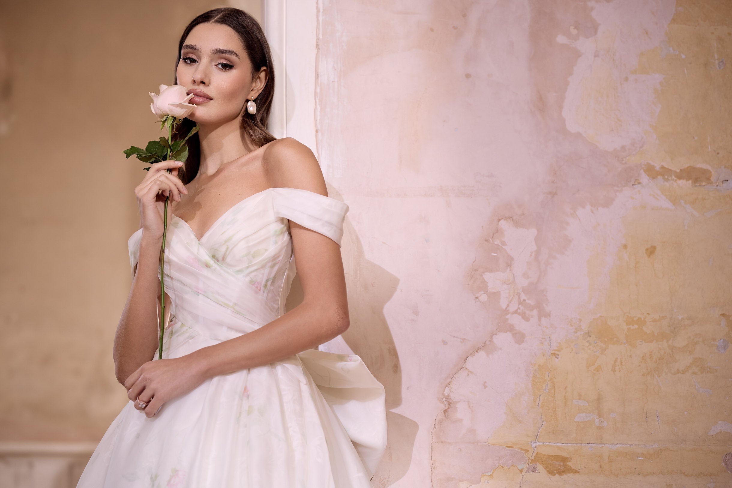off the shoulder neckline rose print silk organza embossed organza full A-line silhouette with optional bow