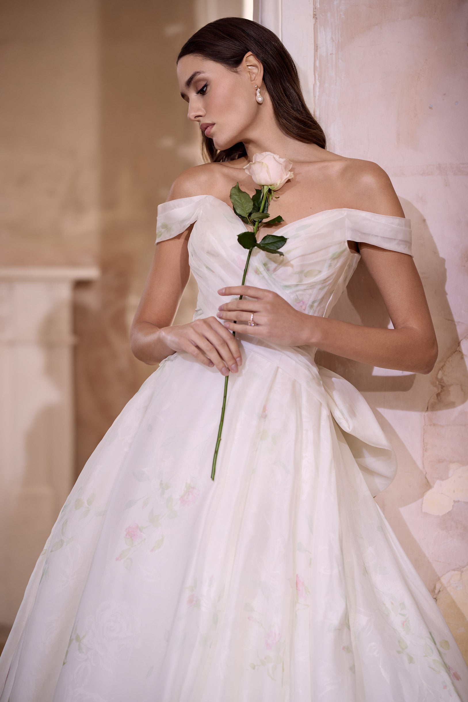 off the shoulder neckline rose print silk organza embossed organza full A-line silhouette with optional bow