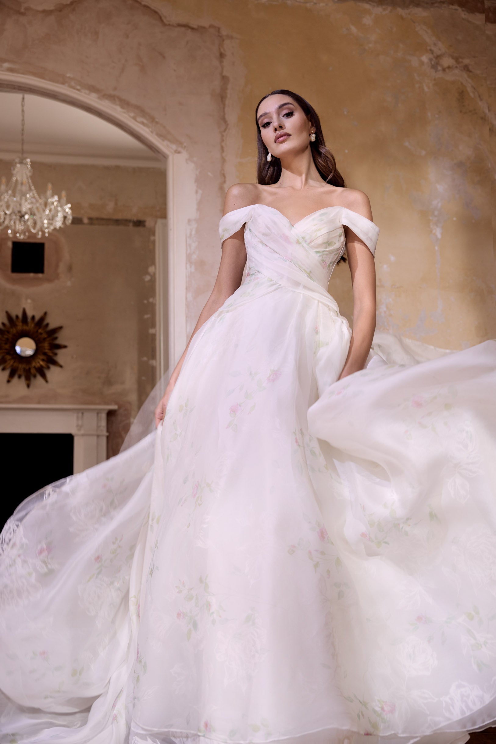 off the shoulder neckline rose print silk organza embossed organza full A-line silhouette with optional bow