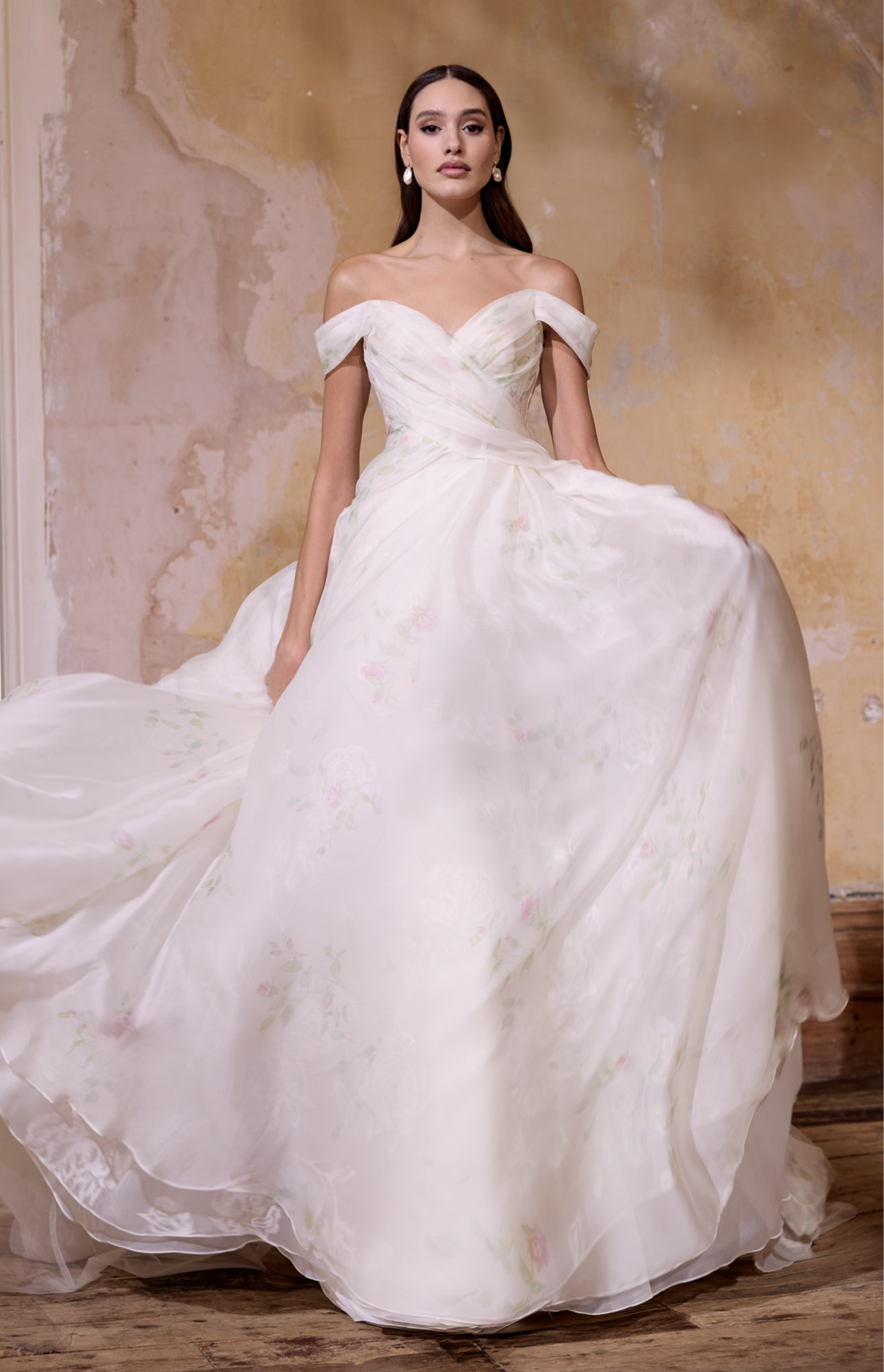 off the shoulder neckline rose print silk organza embossed organza full A-line silhouette with optional bow