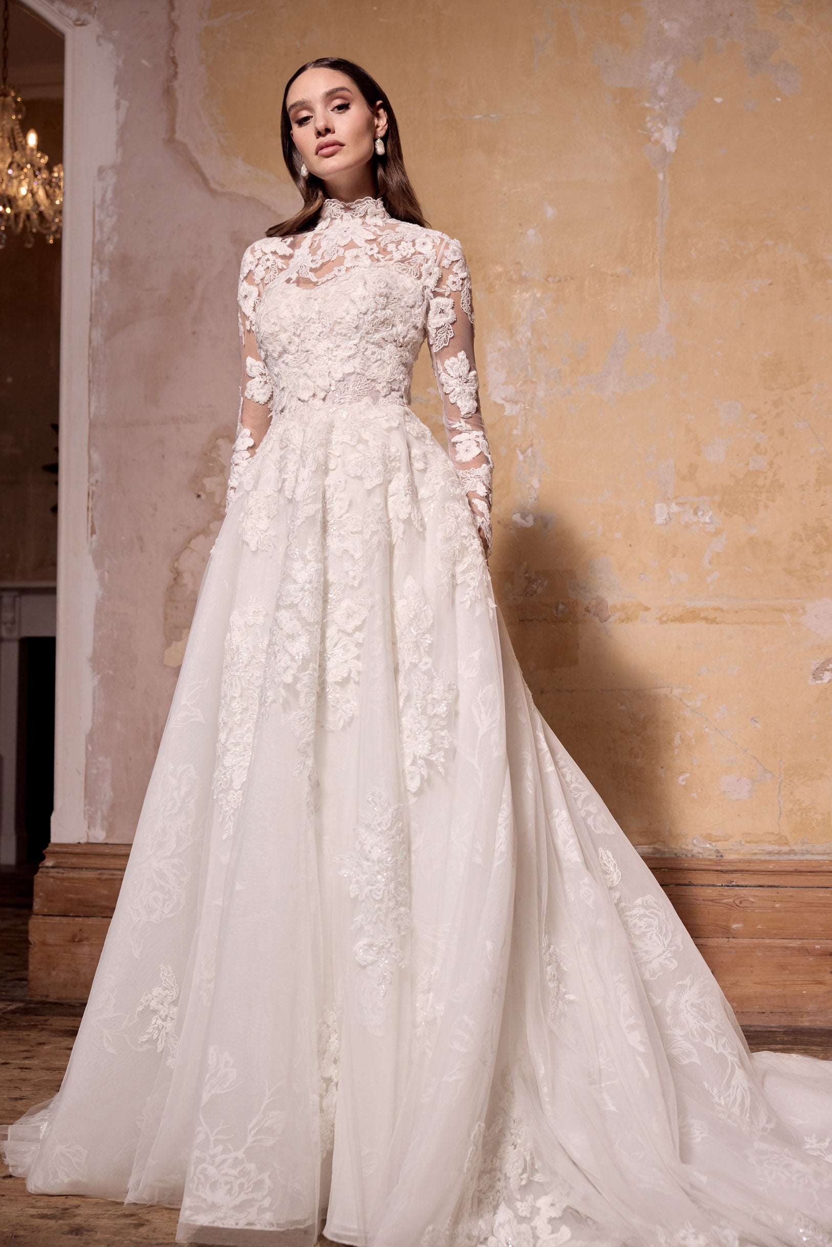 lace applique A-line rose print organza dress with corset and matching high neck long sleeve lace jacket topper